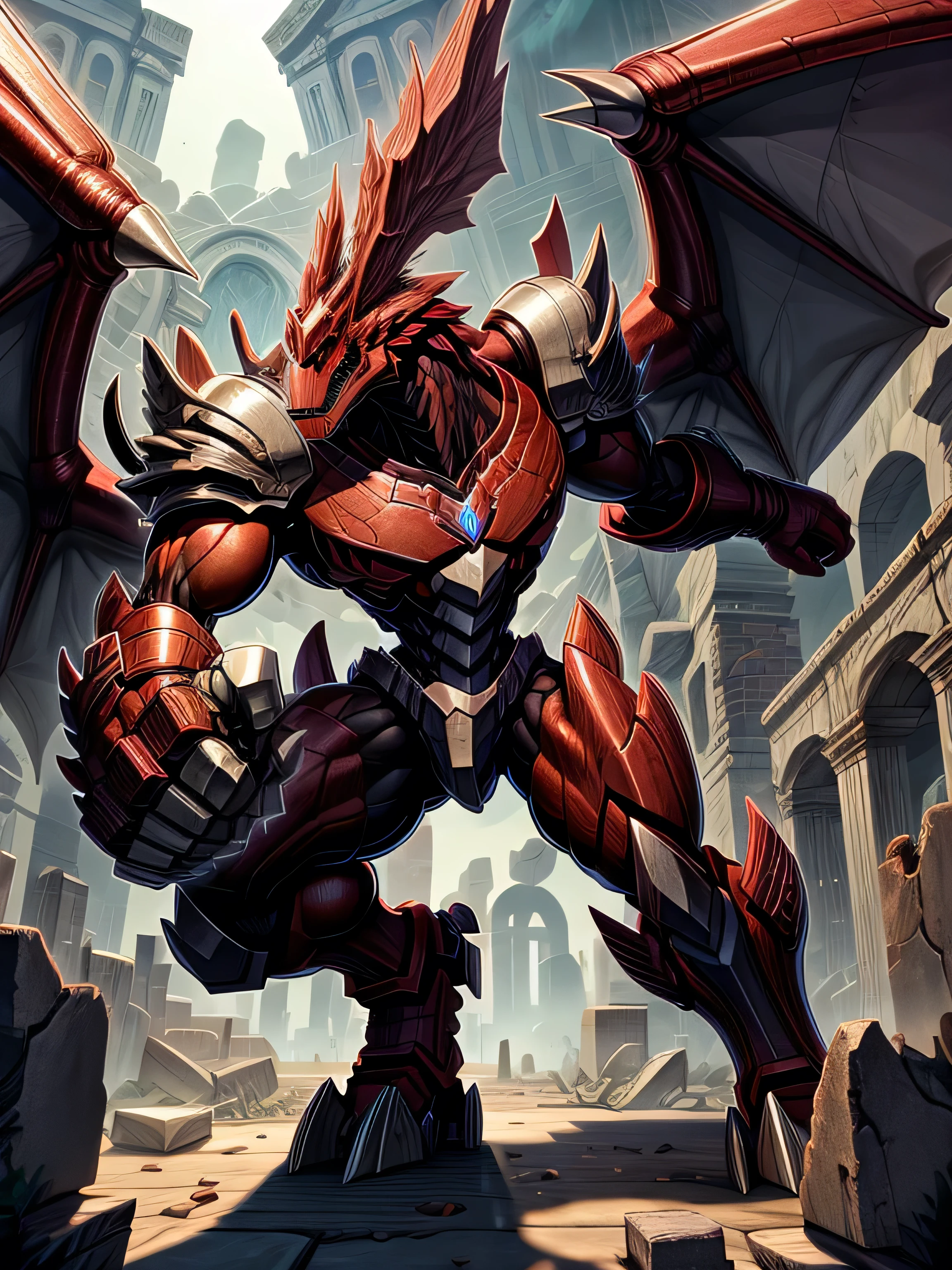 Detailed 8k Behemoth dragon robot with big wings, red (Humanoid body)Inside the ruins 