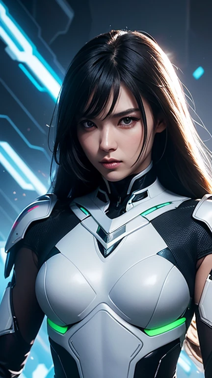 Waist up ((Extremely detailed asymmetric realistic masterpiece)) hyperrealistic masterpiece, Superhero very beauty girl ((in futuristic aesthetic style)) in extremely detailed tech plugsuit, cinematic illumination: 8k, glowing, concept art, smooth, sharp focus, illustration