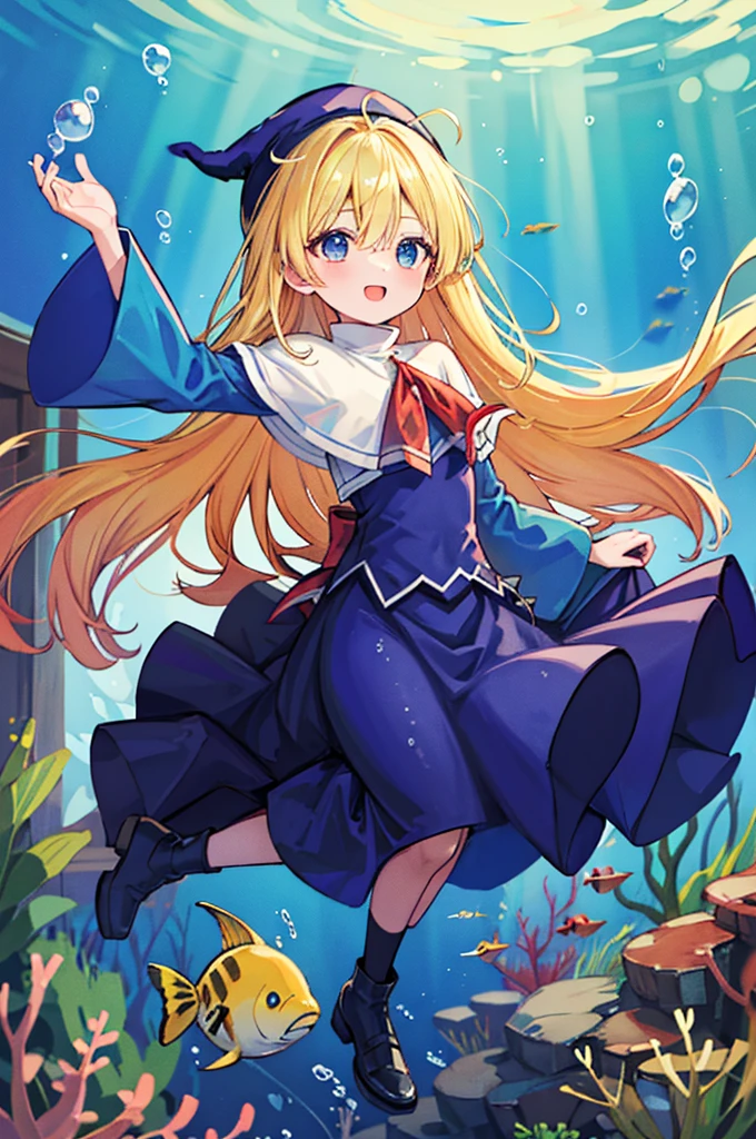 (8k,  super quality, masterpiece:1.2),  ultra high resolution,  imaginary, cute,  girl, solo, whole body, Puyo Puyo's witch, Blonde, Blue Eyes , blue headwear ,  blue based robe,  red ribbon,  White Capelet , Ahoge,  long skirt , In the sea, Underwater theme , Undersea exploration, fish, star, Floating,  like a , Bright smile,  innocent face ,  open your mouth, bubble,  full light, Looks fun, float, 