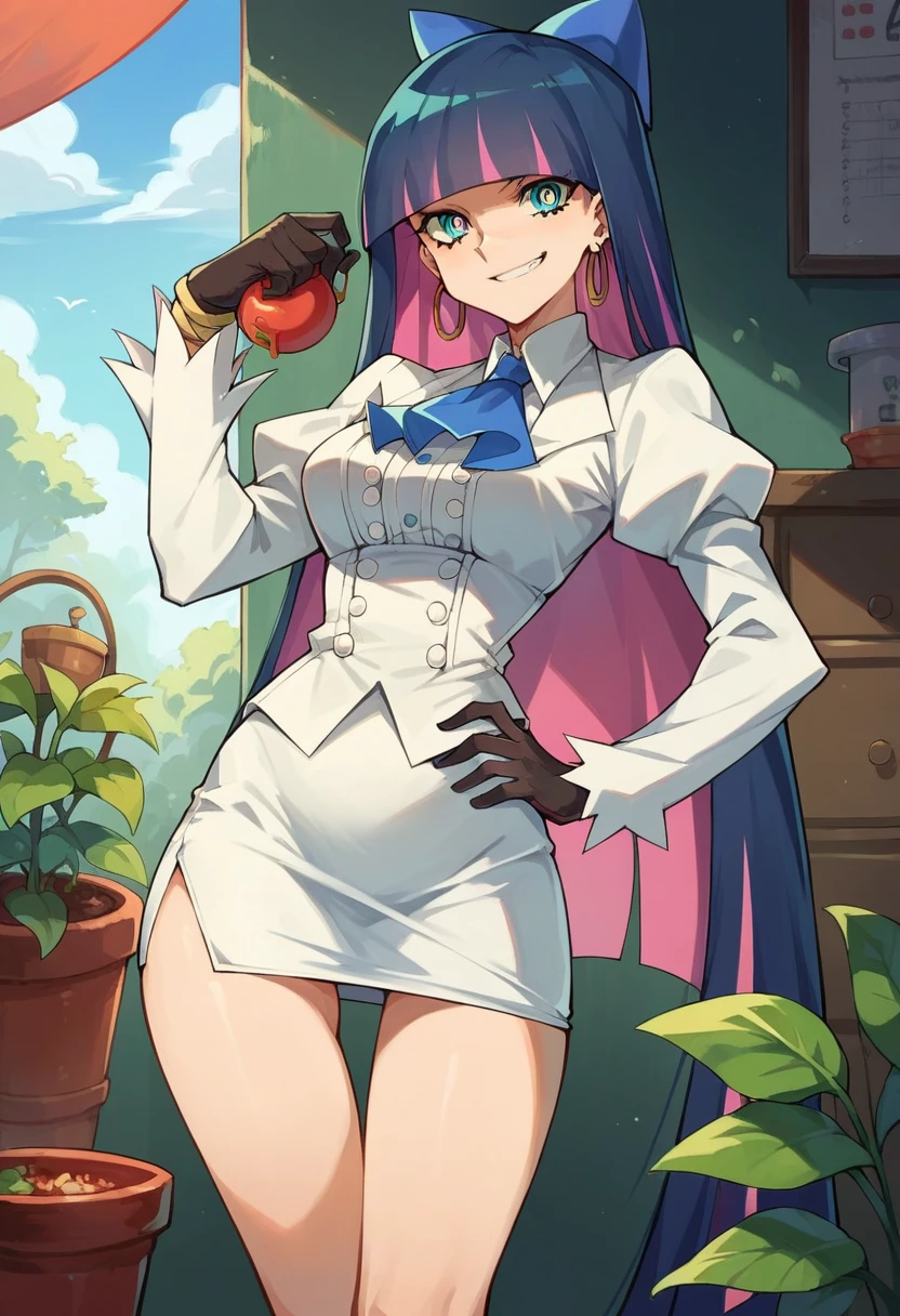  score_9,  score_8_up,  score_7_up, sauce_Anime, thigh up,  smirk , Conceit,   hand on hip,  hidden by my hair, Afranziska,  ascot ,  puff sleeve,   pencil skirt,  Panty Stocking ,  black gloves,  jewellery,  earrings for a woman alone, lobby, Pot Plant 