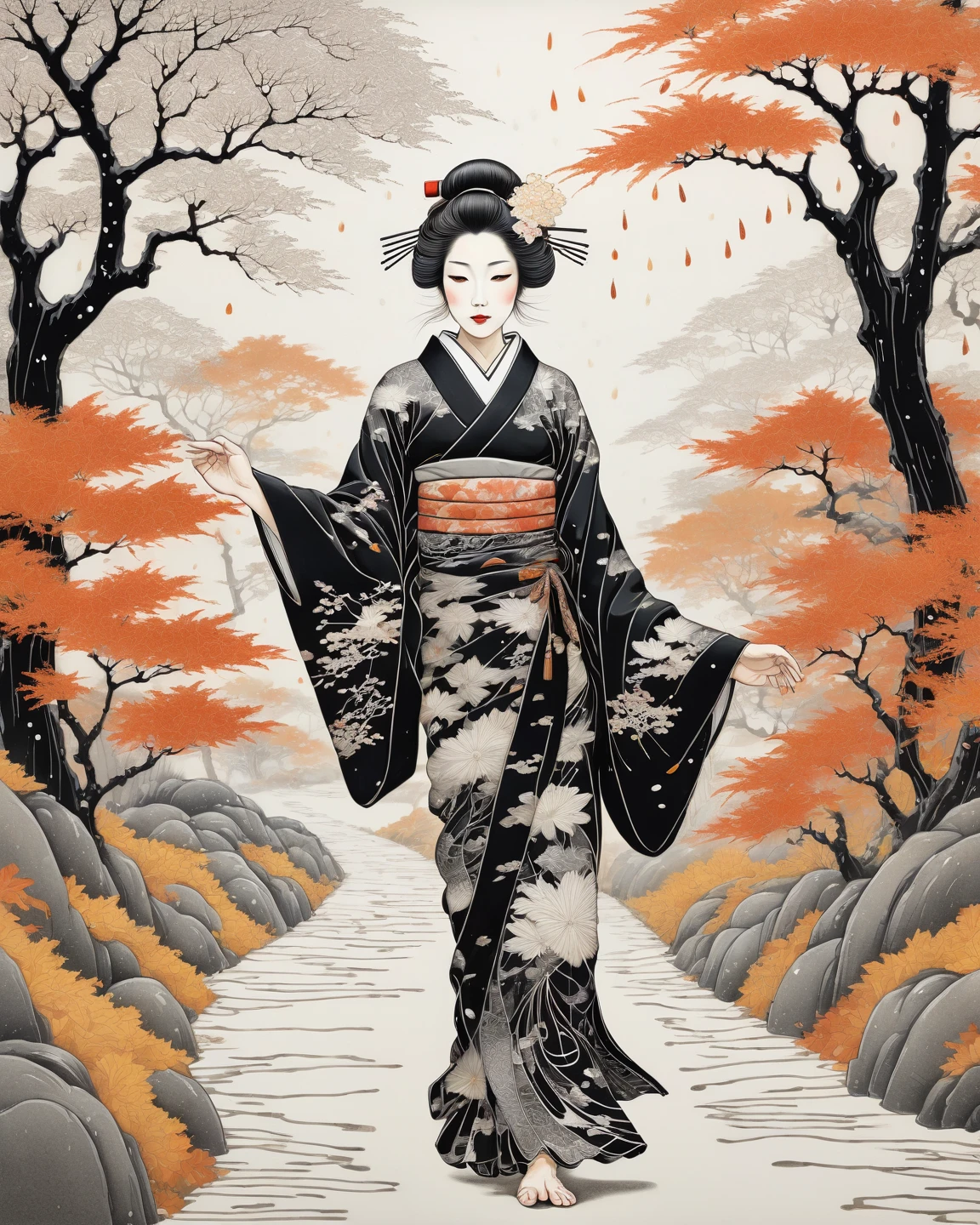 Fantasy Expressionism xlmrblng15-1300 Black colored painting, line drawing of a mature kimono clad Japanese woman walking down a path in an autumn landscape, it is raining, barefoot, white filigree inlay, pattern_dress, crisp lines, skin imperfections 