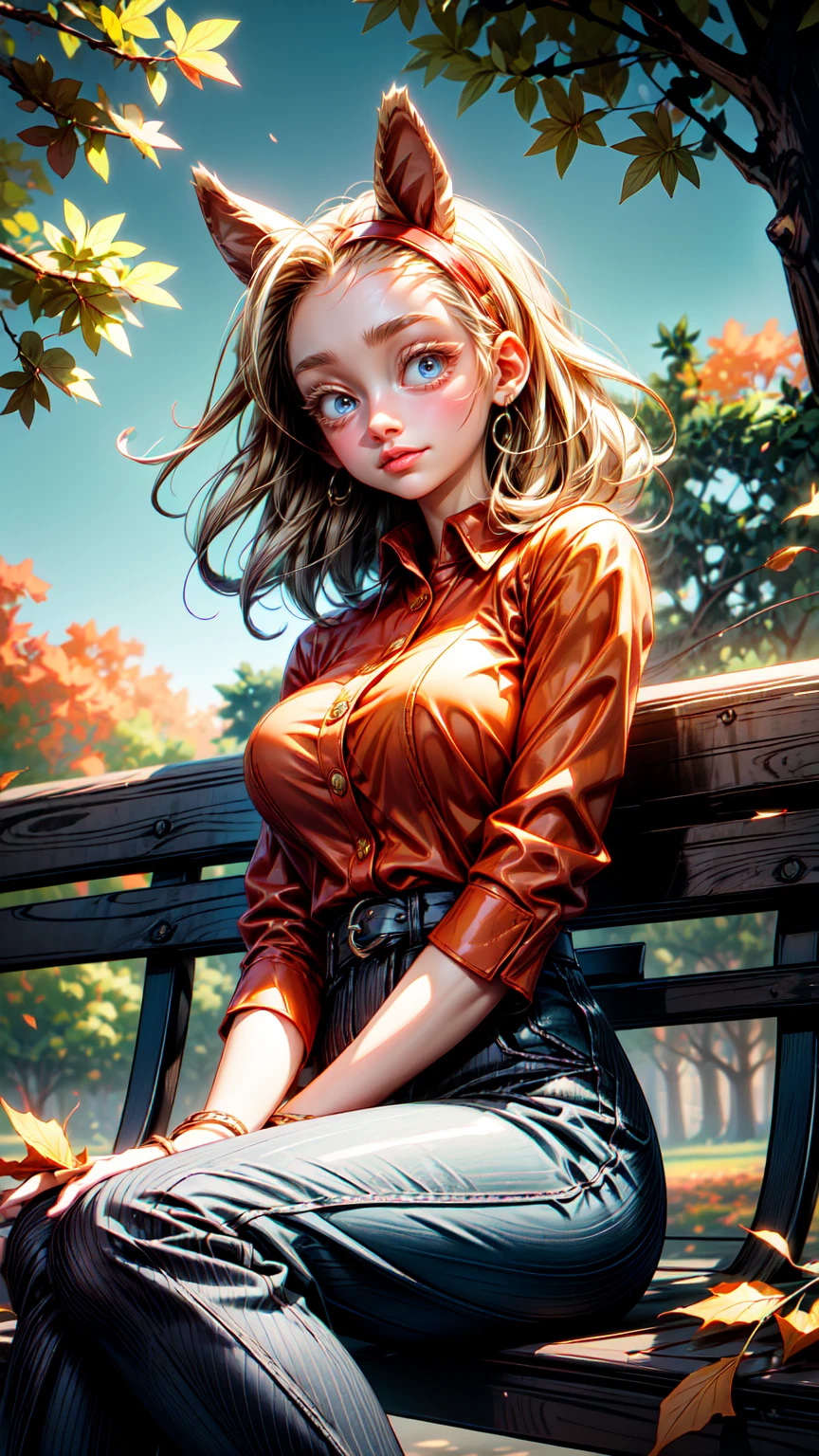 (masterpiece), anime style, 1girl, expressive eyes, beautiful face, ippanjosei, ippan josei, red shirt, large breasts, black trousers, ((anthro)), metahuman, furry, sitting on a bench, park, dusk, happy, wholesome, looking at you, view from below, autumn leaves, autumn vibes, 