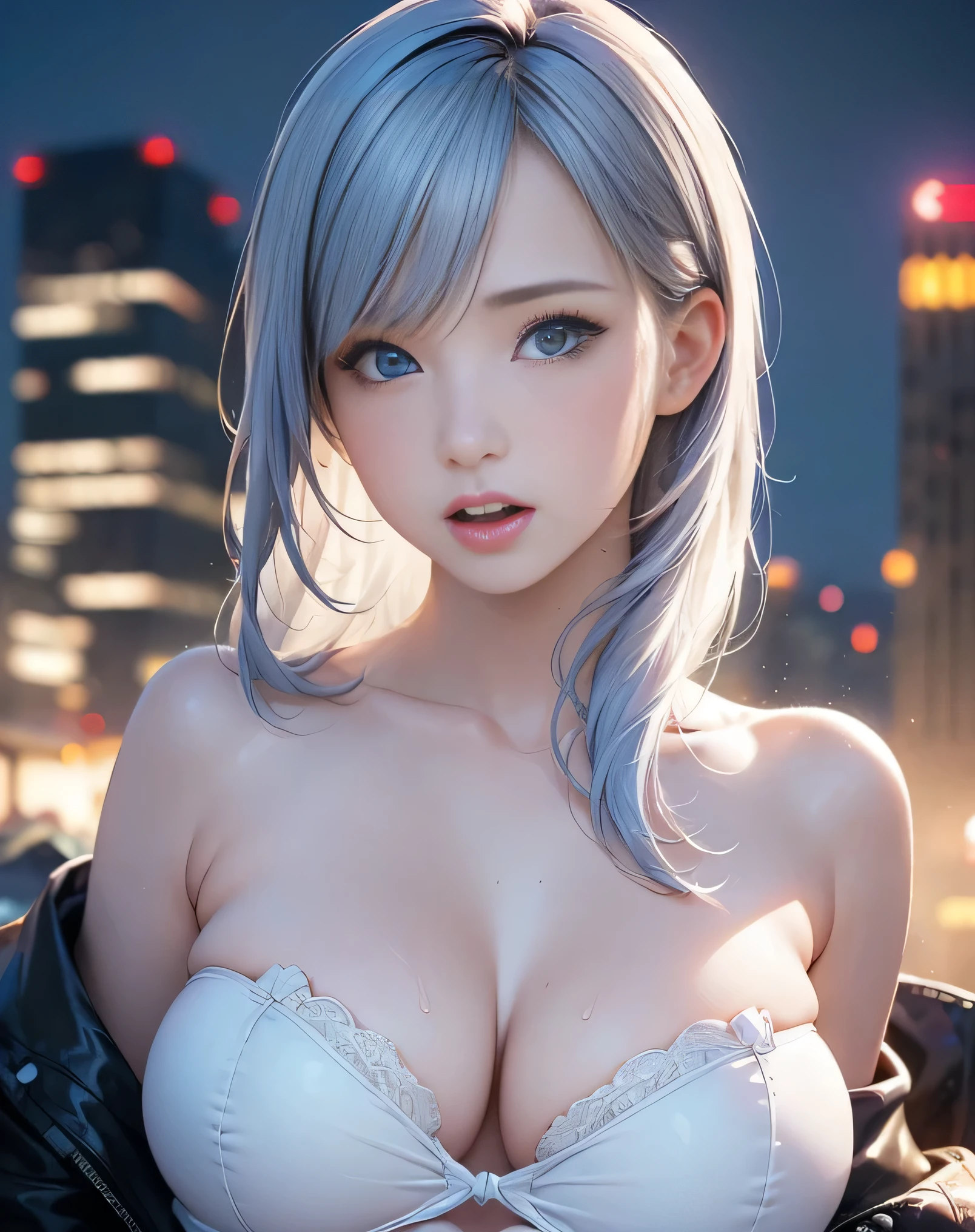 (Realistic:1.8),(High resolution:1.6),(1 girl:1.5),(solo:1.5),(Cool woman:1.2),(small face),(look at viewer:1.2),(Light blue hair),(long hair),(bangs:1.3),(slender),(large saggy breasts:1.5),(Future cyberpunk City1.3),(Skyscrapers),(night),(Rain Clouds),(Detailed eyes),(Accurate eyes),(Wide eyes),(Realistic eyes:1.3),(skin tight:1.3),(Sheer),(See-through),(cyberpunk),(protector),(sexy:1.5),(Serious expression),(white off shoulder dress),(lewdness),(call girl),(orgasm face:1.5),(Strapless),(Blushing),(mini Thongs)