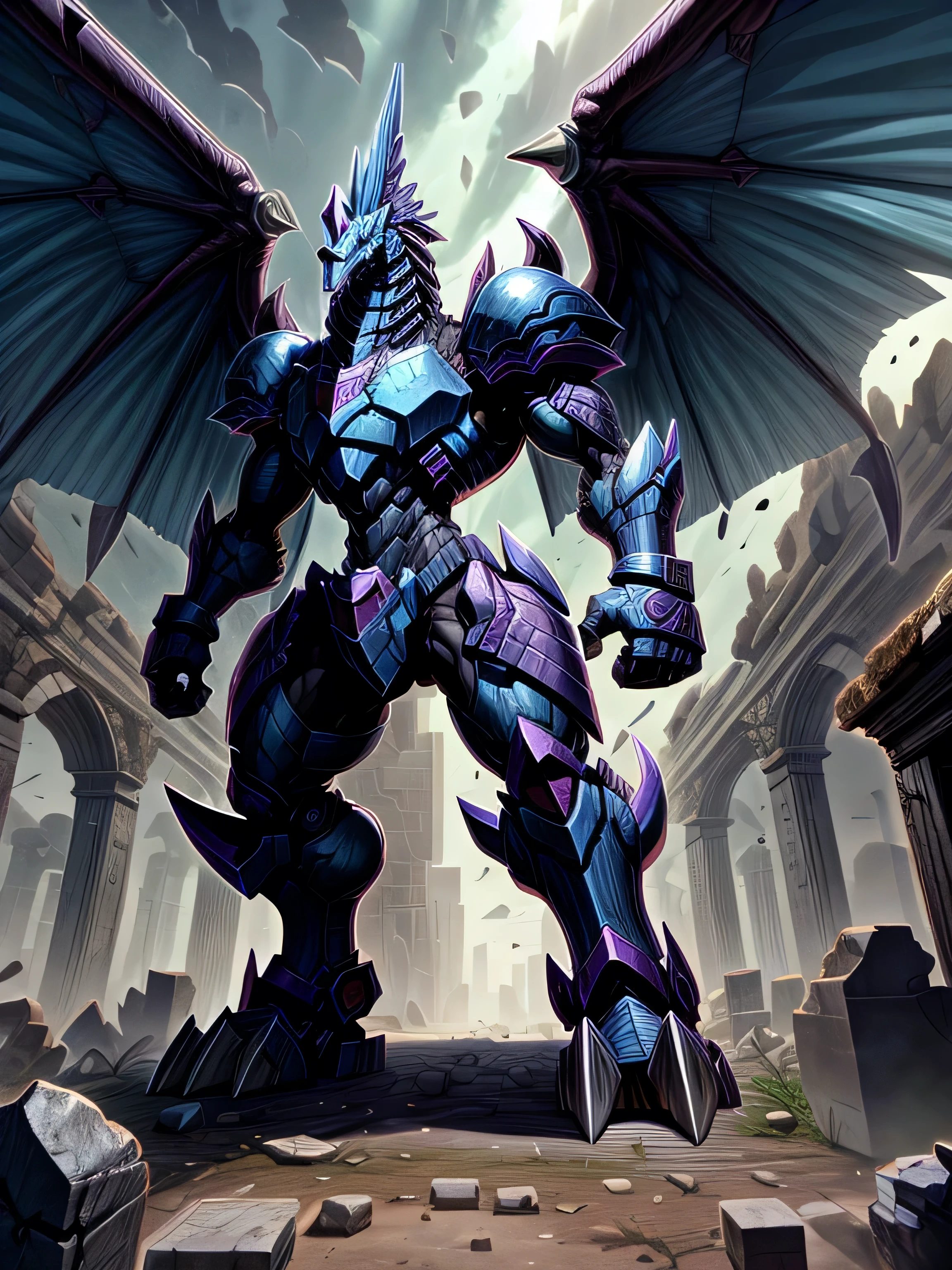 Detailed 8k Behemoth dragon robot with big wings, blue (Humanoid body)Inside the ruins 