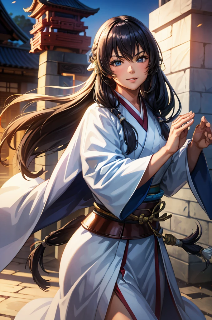 1 girl in armor, Wearing light armor, intence sirious, brondehair, もみあげ, long hair,  white kimono, Chinese old castle in the background, cinematic lighting, cowboy shot, close-up, UHD, retina, masterpiece, accurate, anatomically correct, textured skin, super detail, high details, high quality, award winning, best quality, highres