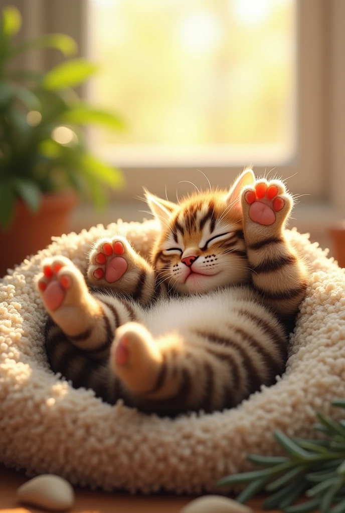 The cutest brown tiger kitten in the world is lying on its back and taking a nap with both legs raised、((Realistic:1.3))、Bright sunlight、Very happy atmosphere