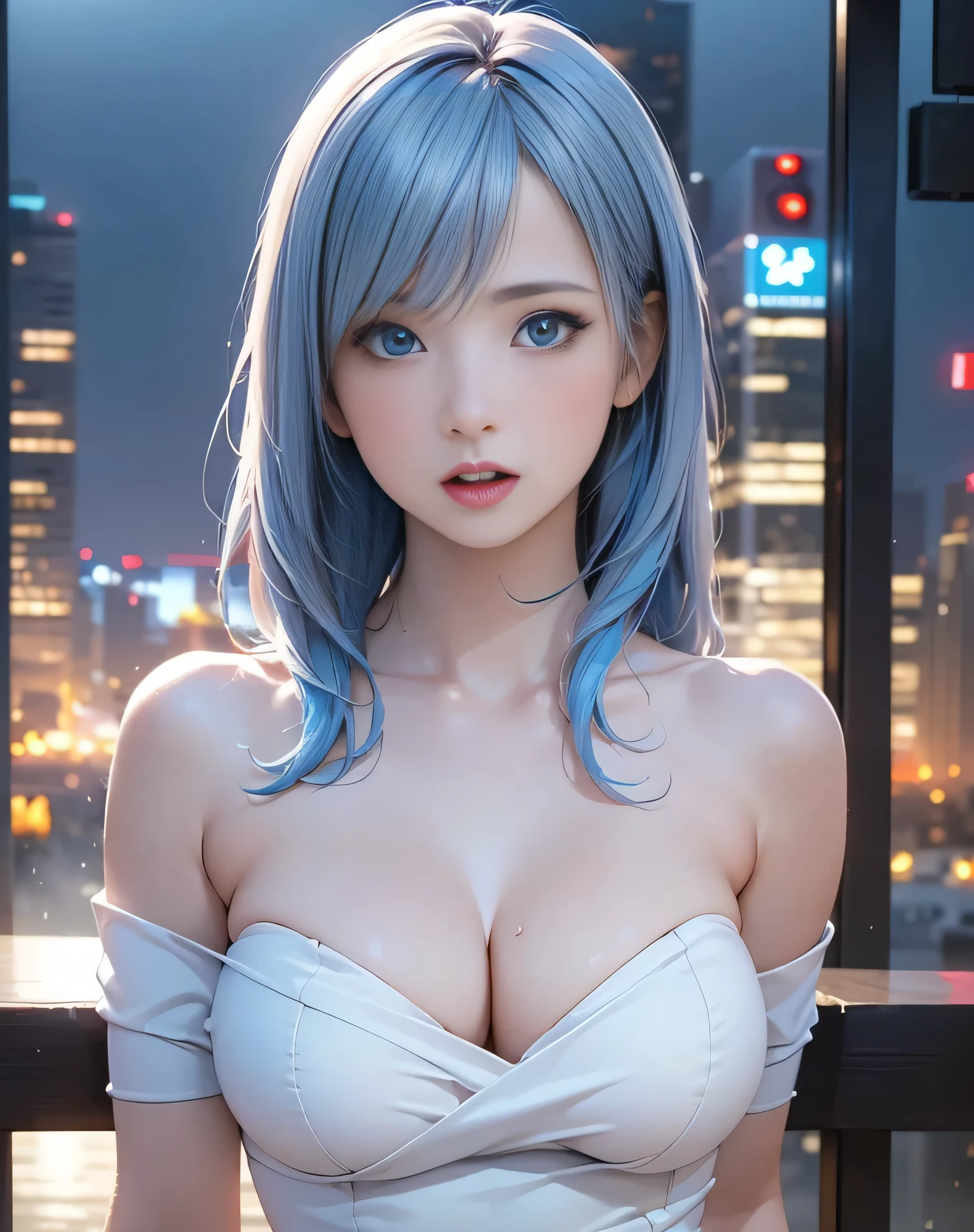 (Realistic:1.8),(High resolution:1.6),(1 girl:1.5),(solo:1.5),(Cool woman:1.2),(small face),(look at viewer:1.2),(Light blue hair:1.2),(long hair),(bangs:1.3),(slender),(large saggy breasts:1.5),(Future cyberpunk City1.3),(Skyscrapers),(night),(Rain Clouds),(Detailed eyes),(Accurate eyes),(Wide eyes),(Realistic eyes:1.3),(skin tight:1.3),(Sheer),(See-through),(cyberpunk),(protector),(sexy:1.5),(Serious expression),(white off shoulder dress),(lewdness),(call girl),(orgasm face:1.5),(Strapless),(Blushing),(mini Thong:1.1)