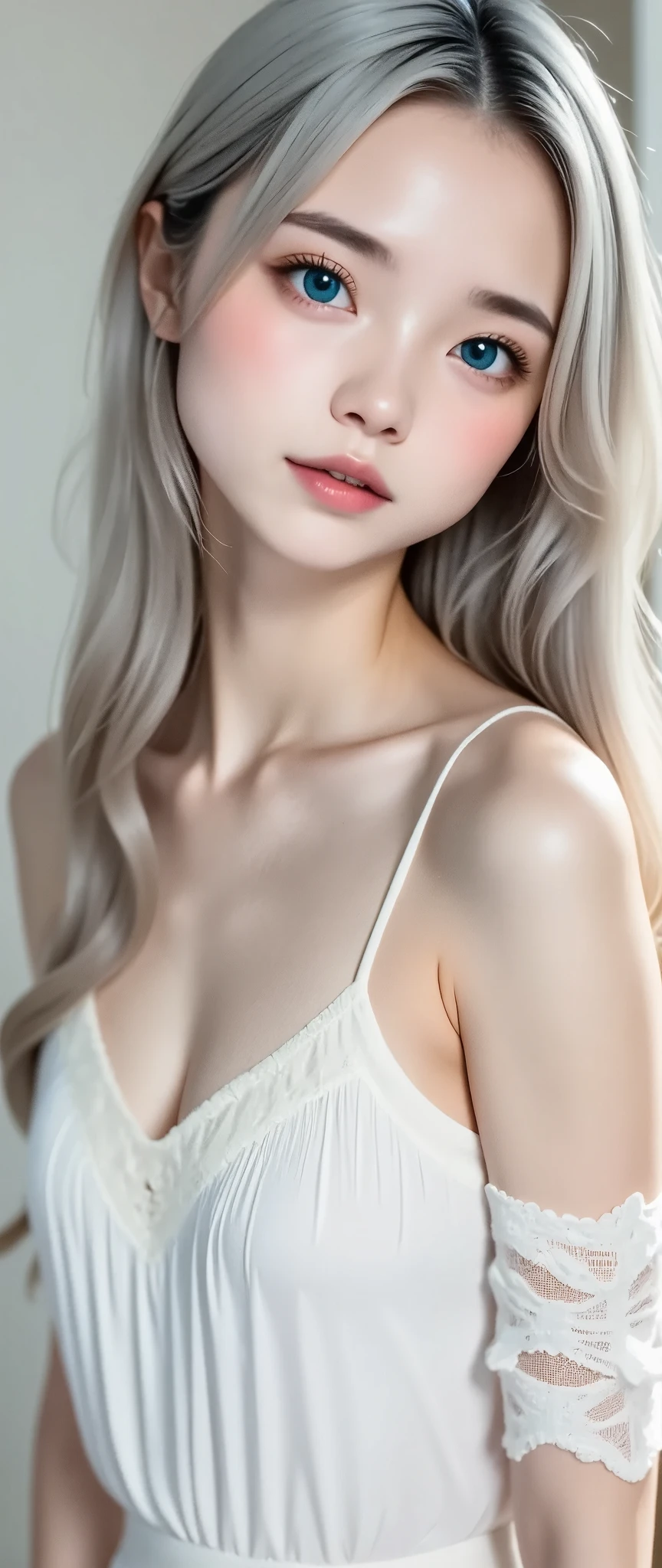 best quality, masterpiece, ((white hair)), ((blue eyes)), looking to viewer, hairline, ((porcelain white skin, white skin, wet skin)), ((top-quality,​masterpiece:1.3,超A high resolution,),(ultra-detailliert,Caustics),(Photorealsitic:1.4,RAW shooting,)Ultra-realistic capture,A highly detailed,High resolution 16K human skin closeup。 Skin texture is natural、,The pores are、Must be detailed enough to be easy to identify。 Skin should look healthy with even tones。 Use natural light and color)), looking to viewer, hairline, fair skin, 8k, hot,sexy, big, ((180cm)), curved body, full bodyesbian, thick thighs, perfect body, full viewing angle, perfect body, (((undress, without clothes, without underwear, remove clothes, nude sexy))), perfect lower hip, perfect high hip, perfect nipples, perfect pussy, perfect vagina, (((pubic hair, pubic hair))), hug breasts, perfect nipples, perfect breasts, pose, ((catwalk, beach))
