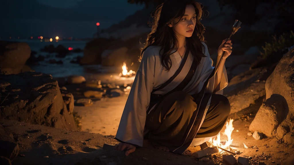 (best quality, masterpiece), (1girl, solo,brown robe, expression face, looking away, sitting, wide sleeves, black eyes, closed mouth, ribbon shape fire on head, long hair, cowboy shot), (Monochrome, night sky at cave entrance , light rising from the bottom, inside Cave, floating glowing bunch of white particles, burning fire at hand, floating many small fires),