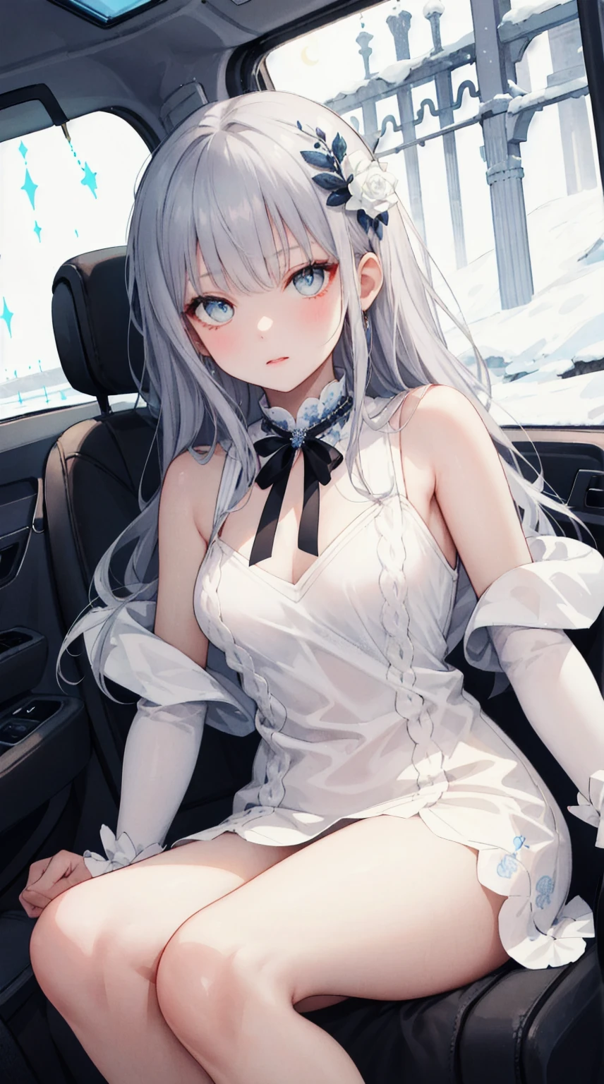 ８K, highest quality, masterpiece, Ultra-detailed、８K,Silver hair, very short hair, slanted eyes, medium breasts（C Cup)-Pale blue eyes、、８K, highest quality, masterpiece, Ultra-detailed、full lips、、、Blushing、lipstick、Perfect hands、Detailed hand、、full lips、Pale blue eyes、、perfect hands、detailed hands、whole body、Inside the car、In the car、Exposing panties、Showing her 、、Blushing、Upper body nude、Spread your leghow your vagina、I can see the vagina、Touching the vagina with your hand、I&#39;m leaking