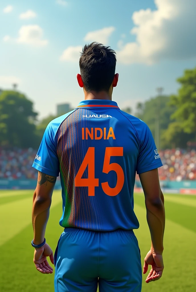 From back side full sky blue, hitman name indian cricket jersey with 45 number