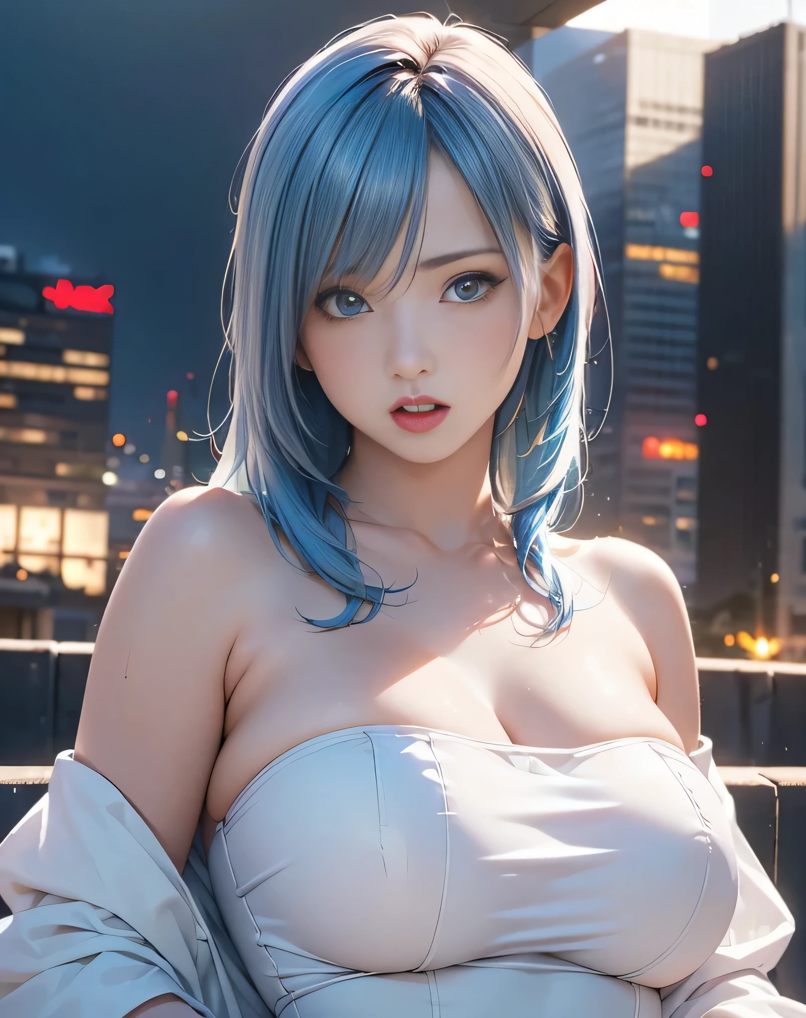 (Realistic:1.8),(High resolution:1.6),(1 girl:1.5),(solo:1.5),(Cool woman:1.2),(small face),(look at viewer:1.2),(Light blue hair:1.2),(long hair),(bangs:1.3),(slender),(large saggy breasts:1.5),(Future cyberpunk City1.3),(Skyscrapers),(night),(Rain Clouds),(Detailed eyes),(Accurate eyes),(Wide eyes),(Realistic eyes:1.3),(skin tight:1.3),(Sheer),(See-through),(cyberpunk),(protector),(sexy:1.5),(Serious expression),(white off shoulder dress),(lewdness),(call girl),(orgasm face:1.5),(Strapless),(Blushing),(mini Thong:1.1)