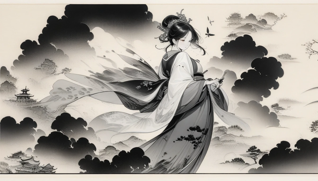 Chinese ink painting，ink，smudge，Beauty in Hanfu，Fairy spirit fluttering，Black and White，black and white art，8k，Super fine，Rich details，masterpiece