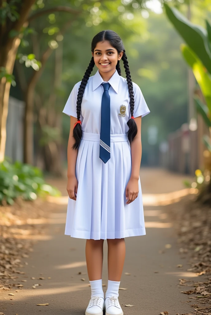 a beautiful cute young teen school girl, sri lanka , medium chest size , detailed white frock uniform, standing , white shoes and socks , full body , wide photo ,cinematic lighting, hyperrealistic, photorealistic, 8k, masterpiece, warm colors, natural lighting , high quality, intricate details