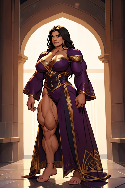 muscular massive 20 yo latina woman, fantasy sorceress, very long hair, sensual beautiful woman, magnificant ornate robe!!, very massive powerful and muscular physique, strong well defined muscle, massive powerful bodybuilder physique, perfect and flawless musculature, great muscle definition, buff hypermuscular sorceress