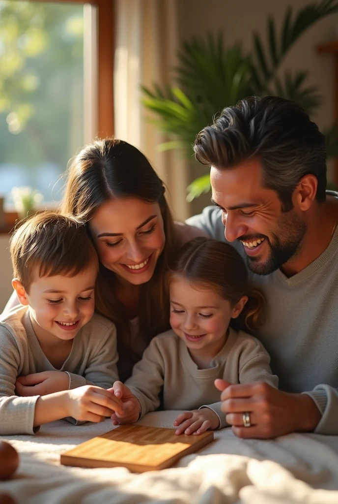 Capture a close-up of the couple with their three children laughing and playing together. Add a voiceover stating, "We've been blessed with three amazing children—two boys and a girl. They're our pride and joy.