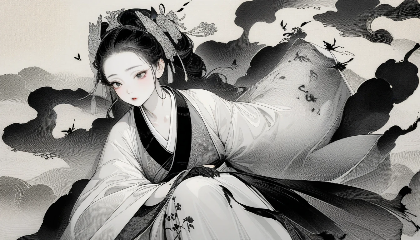 Chinese ink painting，ink，smudge，Beauty in Hanfu，Fairy spirit fluttering，Black and White，black and white art，8k，Super fine，Rich details，masterpiece