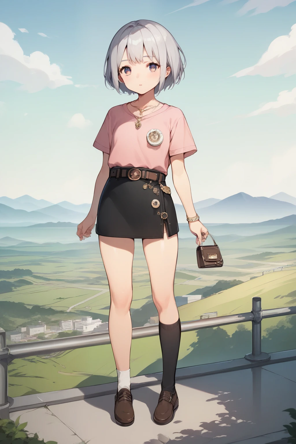  score_9,  score_8_up,  score_7_up, score_6_up,  score_5_up, anime break，masterpiece, Best Quality,  high resolution on down, Elizabeth,  ****ung Girl ,  short stature ， toddler figure ，Short legs， thin thighs， jewellery, single knee socks ， silver hair，abdomen,  black skirt  ,  asymmetric legwear,  pink shirt, Black knee socks, belt,  miniskirt, landscape,  is standing, Portraiture，