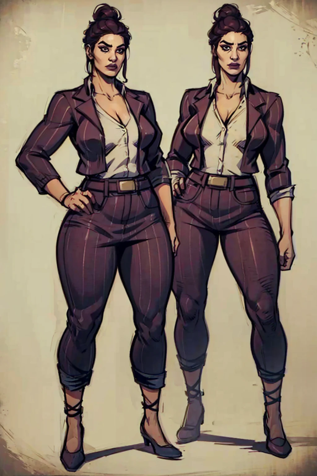 Digital art, highly detailed, reference sheet, standing straight pose, mature woman, adult female, full figure, whole body, form-fitting, Jane Romero (Dead by Daylight) inspired costume, pinstriped blazer, blouse, belt, pinstriped baggy pants that end above the ankle, belt, heels, 1woman, solo, upper body, lower body, ((Extremely Detailed)), ((Best Quality)), ((Masterpiece)), ((4k)).