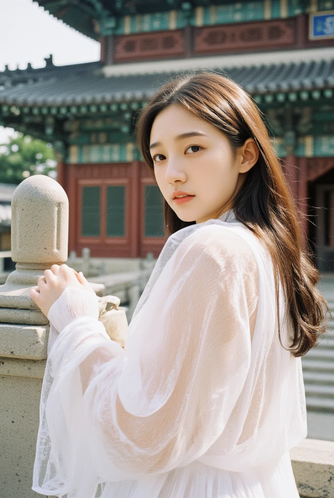 korean girl is wearing see-through transparent white dress. she is standing in the korean castle, Gyeongbokgung Palace. Film photo of full body shot.