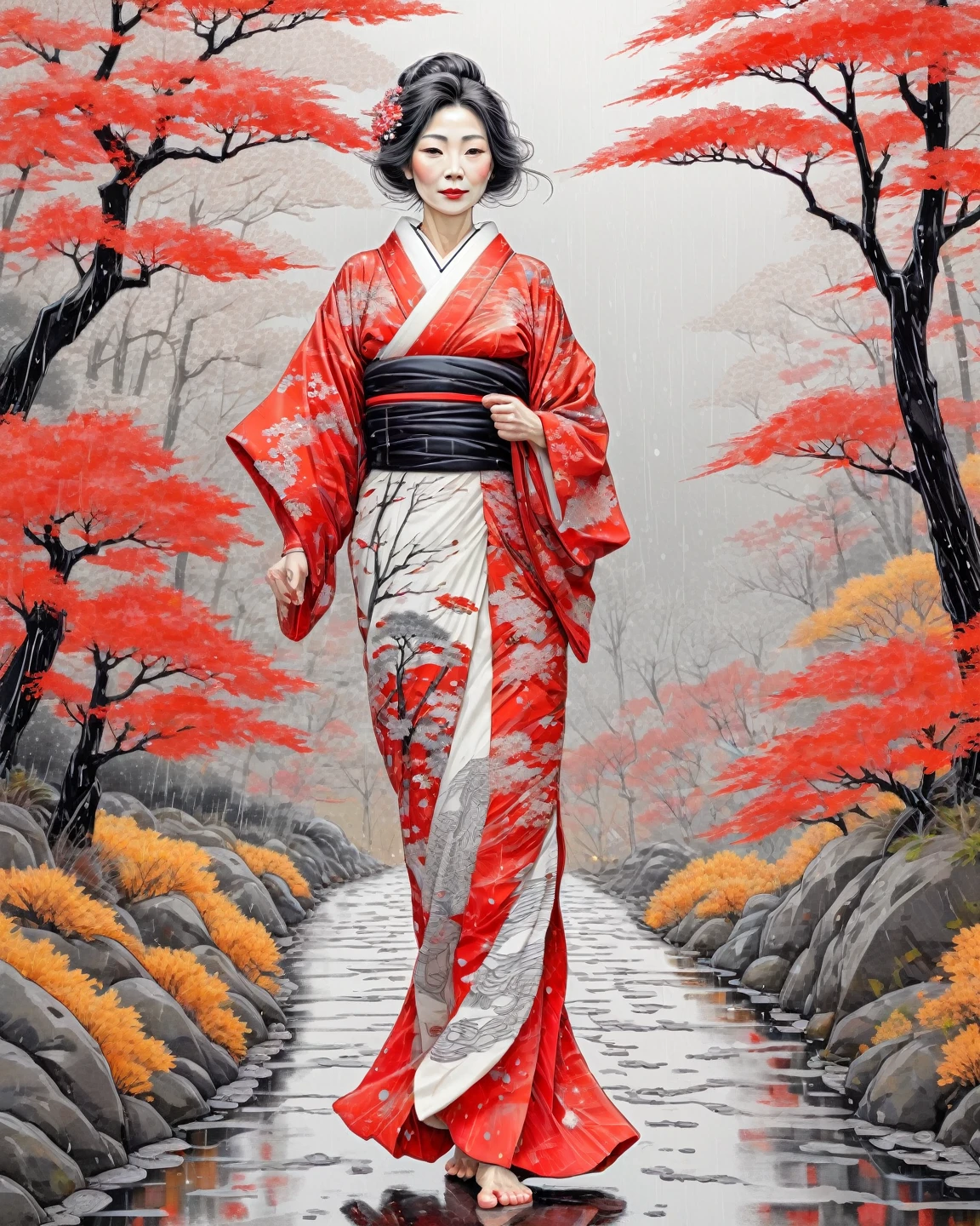 Fantasy Expressionism xlmrblng15-1300 Black line drawing of a mature Japanese woman in a kimono walking down a rainy path in an autumn landscape, kimono colors are red and white, bare feet, white filigree inlay, patterned dress, crisp lines, skin imperfections