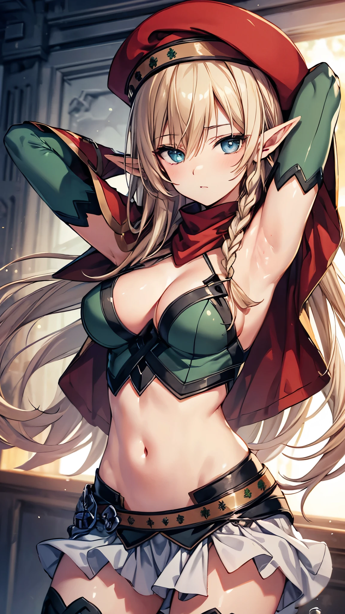 alleyne,elf,side braid,beret,cape,skirt,,green footwear,thigh boots,midriff,cleavage,thighhighs,blonde hair,large breasts,slender, (upper body:1.3),spread armpit, arms behind head,contrapposto,sexy pose,masterpiece,Noise Reduction,perfect anatomy,high resolution, ultra-detailed, ultra-detailed face,game cg,dutch angle ,beautiful detailed eyes,visualart,five fingers, perfect hands, perfect lighting, sparkling pupils,(highly detailed:1.5),