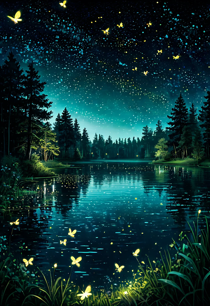 Pond in the evening:1.5, ((panoramic:1.4)), ((Beautiful night lake in the dark:1.5)), ((Fireflies flying around，Lighting up the lake:1.5)), (( super detailed:1.5)), The light of fireflies is reflected in the water:1.2,  Pastoral scenery , dream, fantasy:1.3)), Dark environment soft moonlight reflected in the water, Ultra-realistic 8K, portrait, Highly detailed 32k digital art, Beautiful artwork digital art, ((Light blue, Teal, brown: 1.2)), 8K Photorealistic Digital Art,  soft lighting, ((  high detail: 1.4), ((  masterpiece  )), (  with exquisite details，Aesthetics: 1.3), (photorealistic: 1.4)