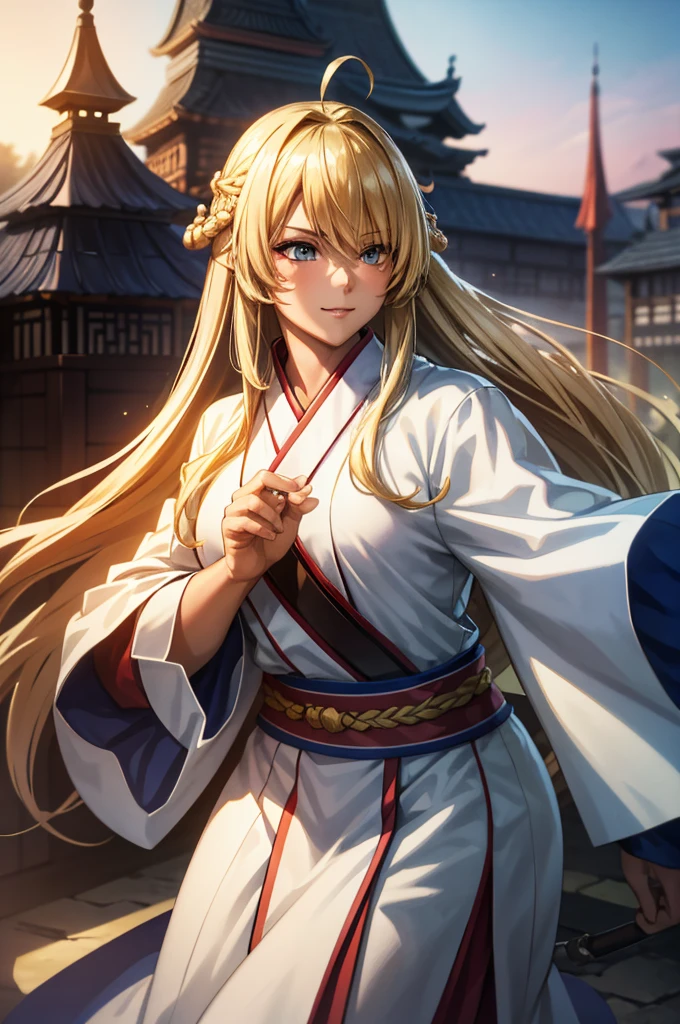 1 girl in armor, Wearing light armor, intence sirious, blonde hair, もみあげ, hair over one eye, long hair,  white kimono, Chinese old castle in the background, cinematic lighting, cowboy shot, close-up, UHD, retina, masterpiece, accurate, anatomically correct, textured skin, super detail, high details, high quality, award winning, best quality, highres