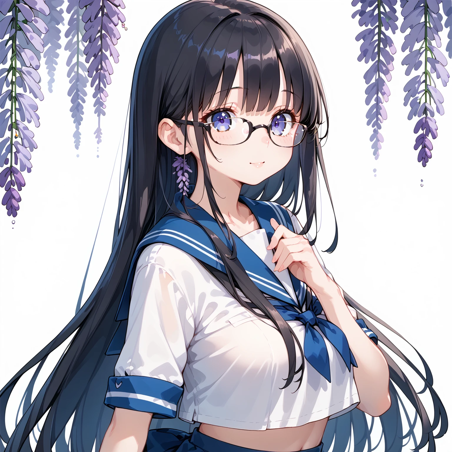  1 girl, Black Hair,Glasses, long hair, sailor suit,Wisteria trellis,Wisteria flower