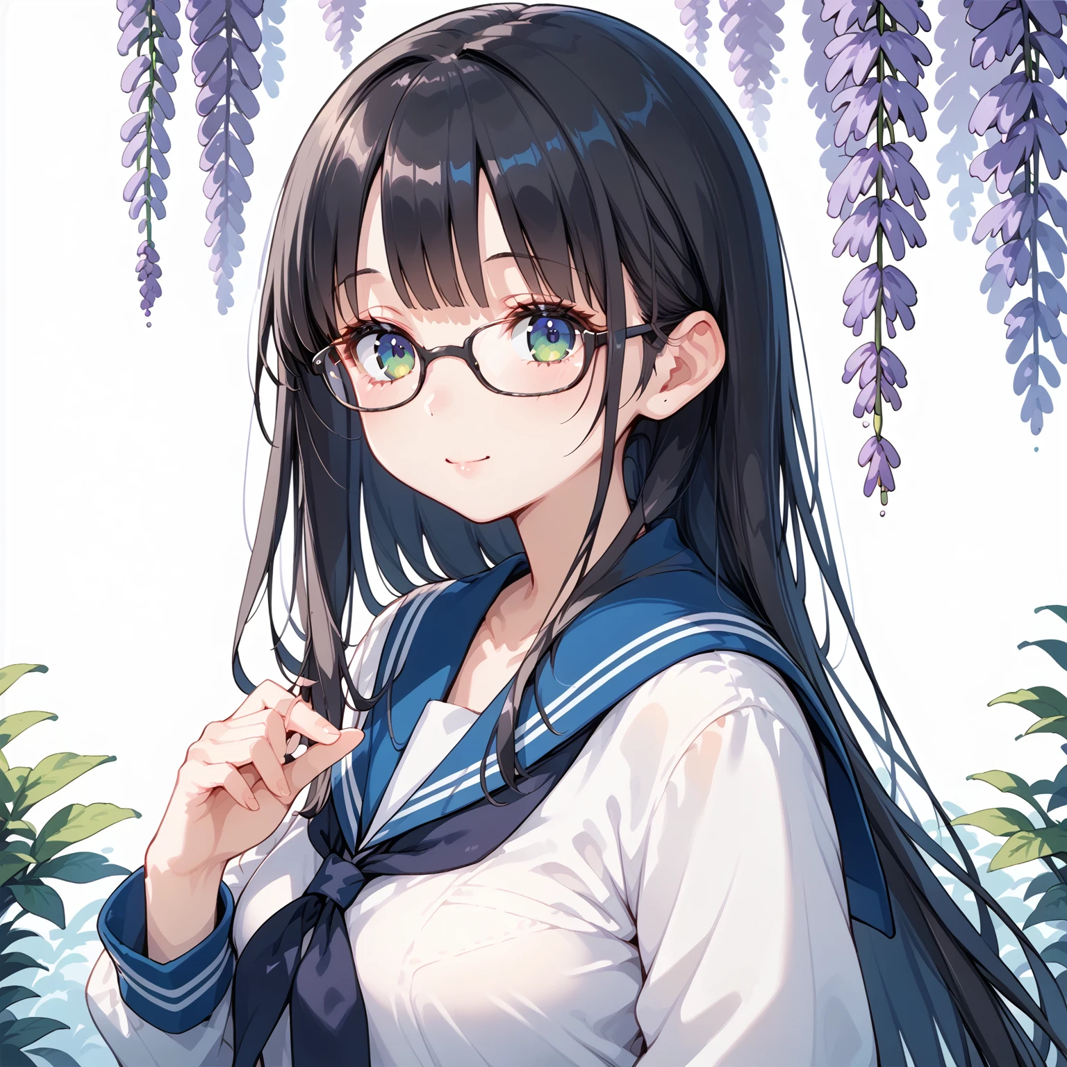  1 girl, Black Hair,Glasses, long hair, sailor suit,Wisteria trellis,Wisteria flower