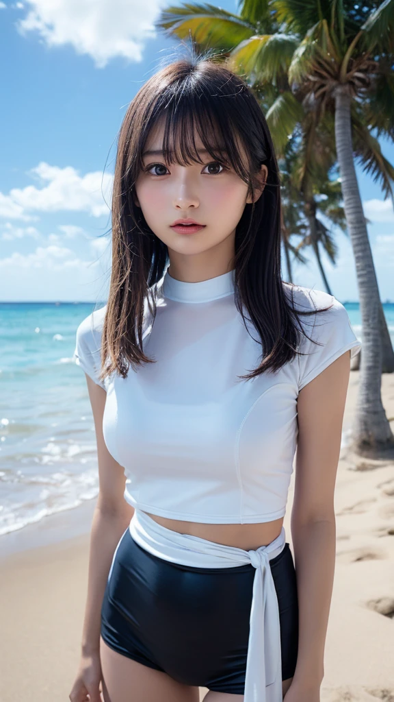 (logo、masterpiece、8k、Tabletop、RAW Photos、wonderful、最high quality、Photorealistic and Very detailed CG integrated 8k wallpaper、high quality、Very detailed、Narrative poem、Particle Effects、Dynamic Effects、Written boundary depth、Cinematic Light、Lens flare、Ray Tracing)、Fantasy、 (One beautiful woman、White pants、White T-shirt、White tube top、White crop top、Black-haired、Beautiful Face、True Face、Beautiful details、eye、Beautiful Skin、Ultimate Body、glamorous)、私の髪はWindに舞う、Hair flutters in Wind、Hair bounces、Seaside、wonderful景色、Coastal、sunrise、Sun in the background、Wind、Beach