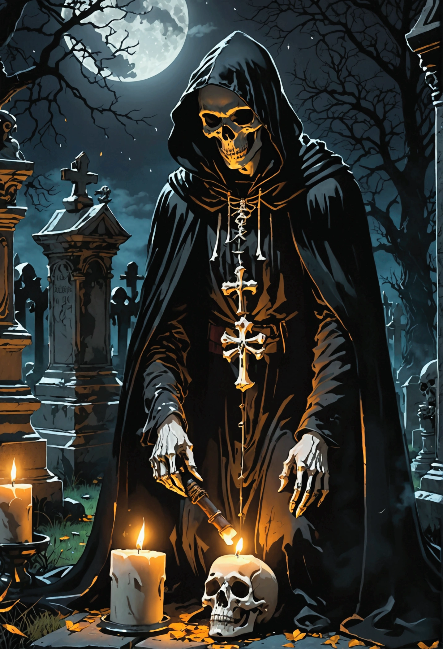 realistic image, 4K, Ultra HD, beautiful outlines ,  A sinister skull wearing a black hooded cape ,  is in a beautiful cemetery at night ,  there are many candles on the floor and offerings ,  is smoking holding a beautiful sickle and drinking whiskey 