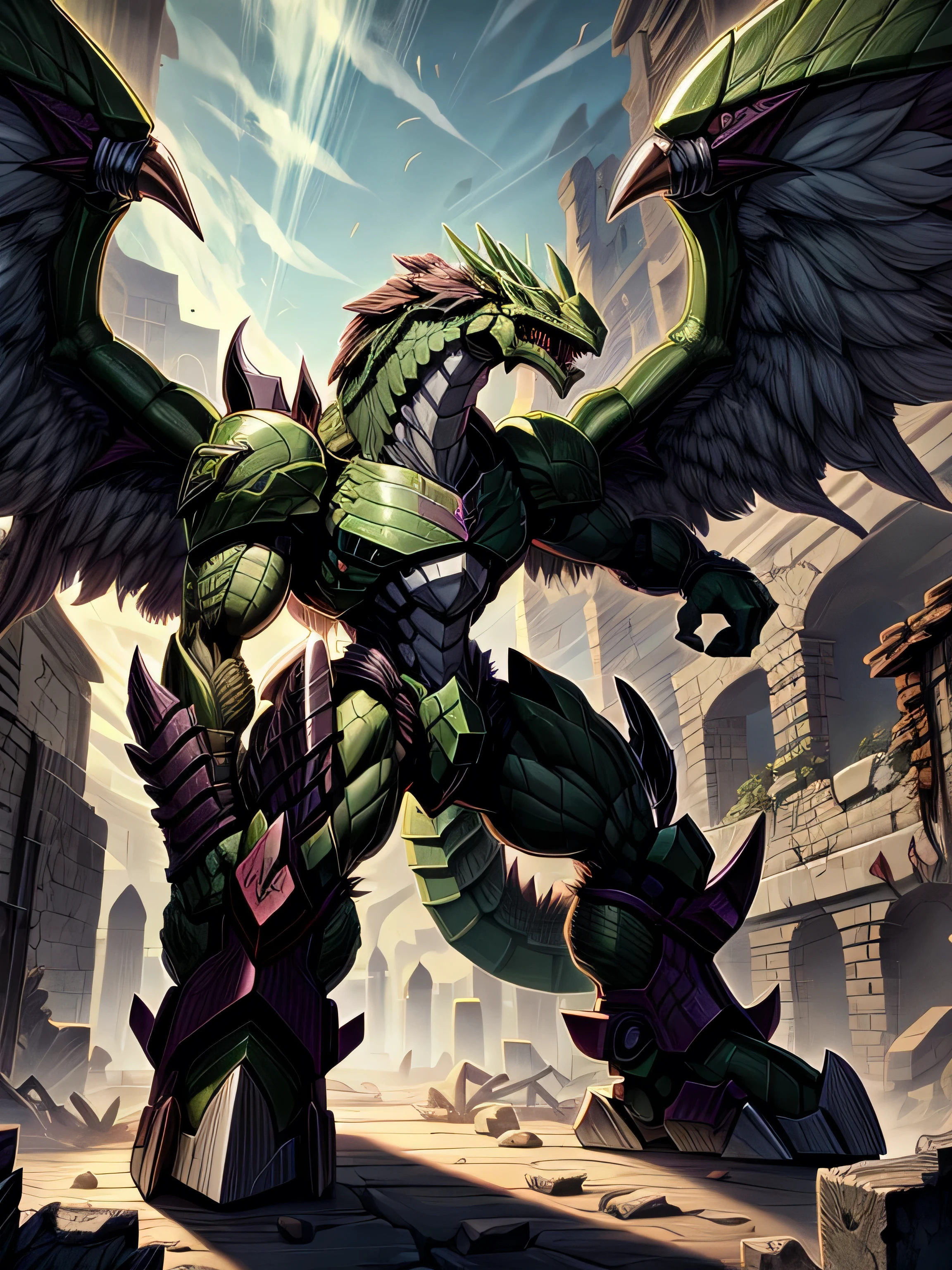 Detailed 8k Behemoth dragon robot with big wings, green (Humanoid body)Inside the ruins 