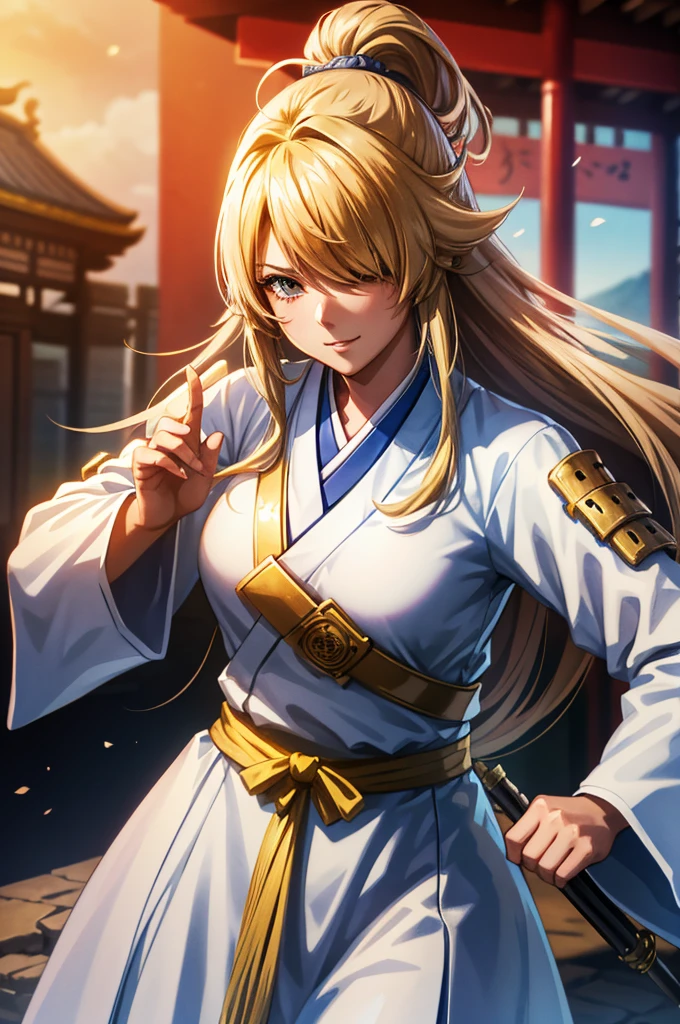 1 girl in armor, Wearing light armor, intence sirious, blonde hair, もみあげ, hair over one eye, long hair,  white kimono, Chinese old castle in the background, cinematic lighting, cowboy shot, close-up, UHD, retina, masterpiece, accurate, anatomically correct, textured skin, super detail, high details, high quality, award winning, best quality, highres