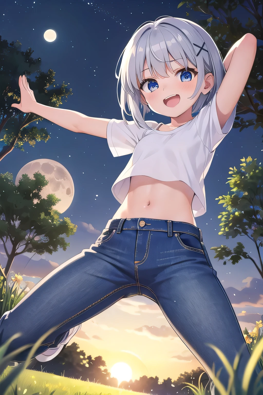 Masterpiece, 8k quality, extremely detailed, one girl, mature girl, elf, dark skin, short white hair, blue eyes, mole, baggy t-shirt, panties, small breast, thick thighs, bubble butt, slightly chubby, perfect belly, bedroom background