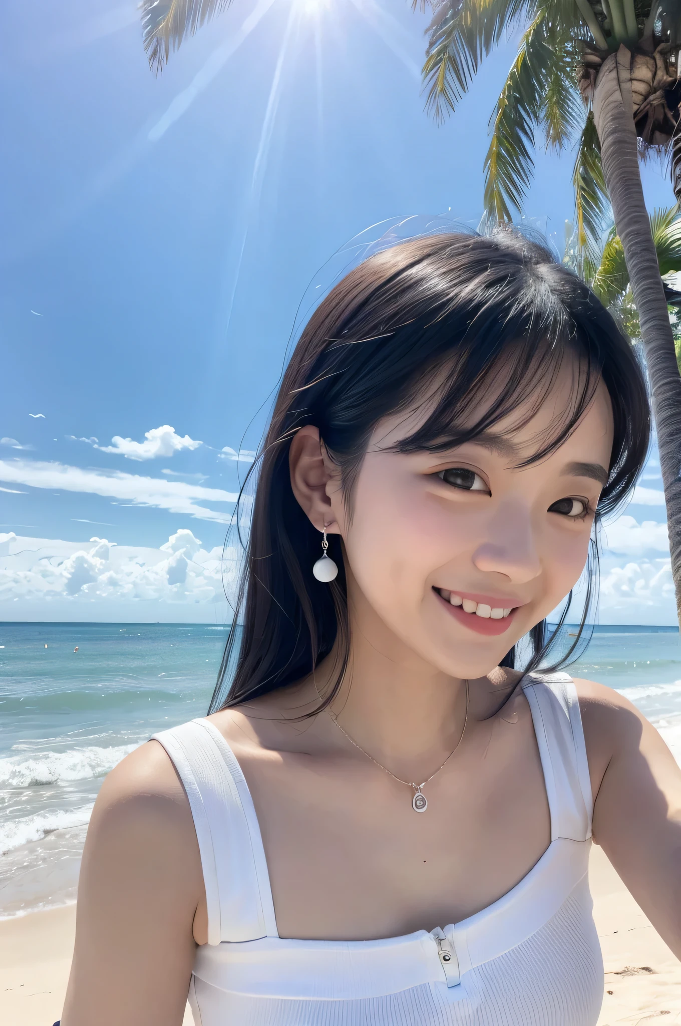 A young and beautiful,Beautiful cute girl，half-body photo。Extremely beautiful and delicate，Black color hair，A sweet smile，Delicate and beautiful fair skin，Realistic and realistic，exquisite and complete facial features，Detailed depiction of the face，tall nose bridge，Smooth hair，extremely detail hair，Feminine temperament，with a well-proportioned body，Realiy，White teeth，Tied up with hair，Hyper-realism，sandals，Extreme picture quality,Highest precision,Precise and perfect human ???????。with blue sky and white clouds，rays of sunshine，(Tutu dress)（telephoto shot，）Express the landscape，Under coconut trees，Highlight portrait。Sitting on the beach by the sea。Wearing earrings，Sideways photo