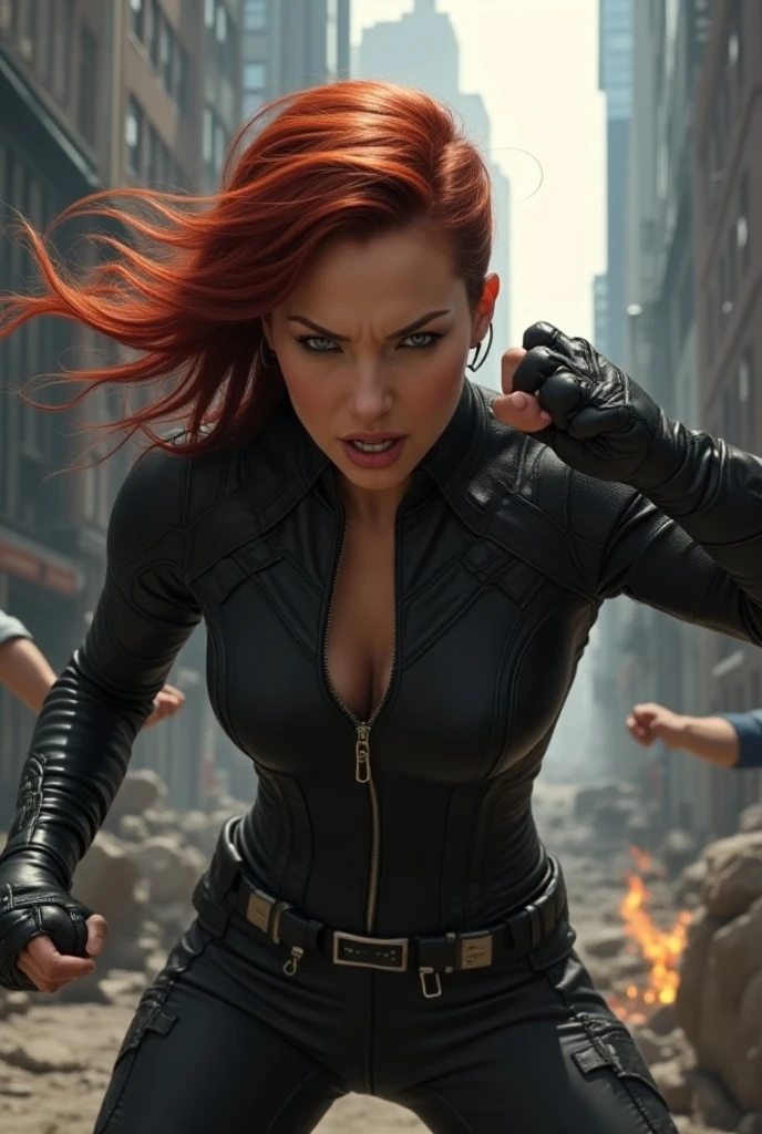 anime artwork of  <lora:anime manga girl style:1.2>
a red hair woman in a black widow costume is posing with a truck exploding in background anime manga girl style, anime style, key visual, vibrant, studio anime,  highly detailed