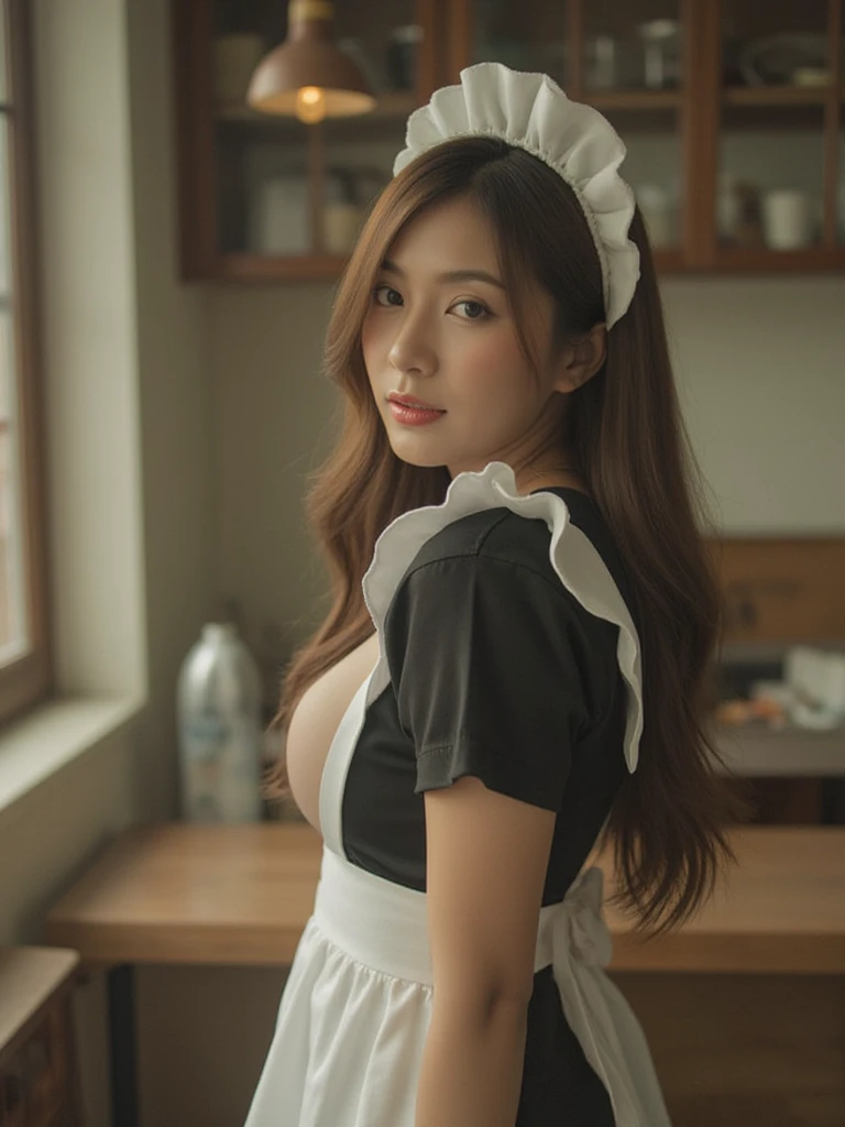 Thai woman with long hair ,wearing cleavage traditional maid’s uniform consisting of a black and white dress, a white apron, and a white headscarf, looking back pose ,cozy kitchen, shelves, sun light, Kodak portra