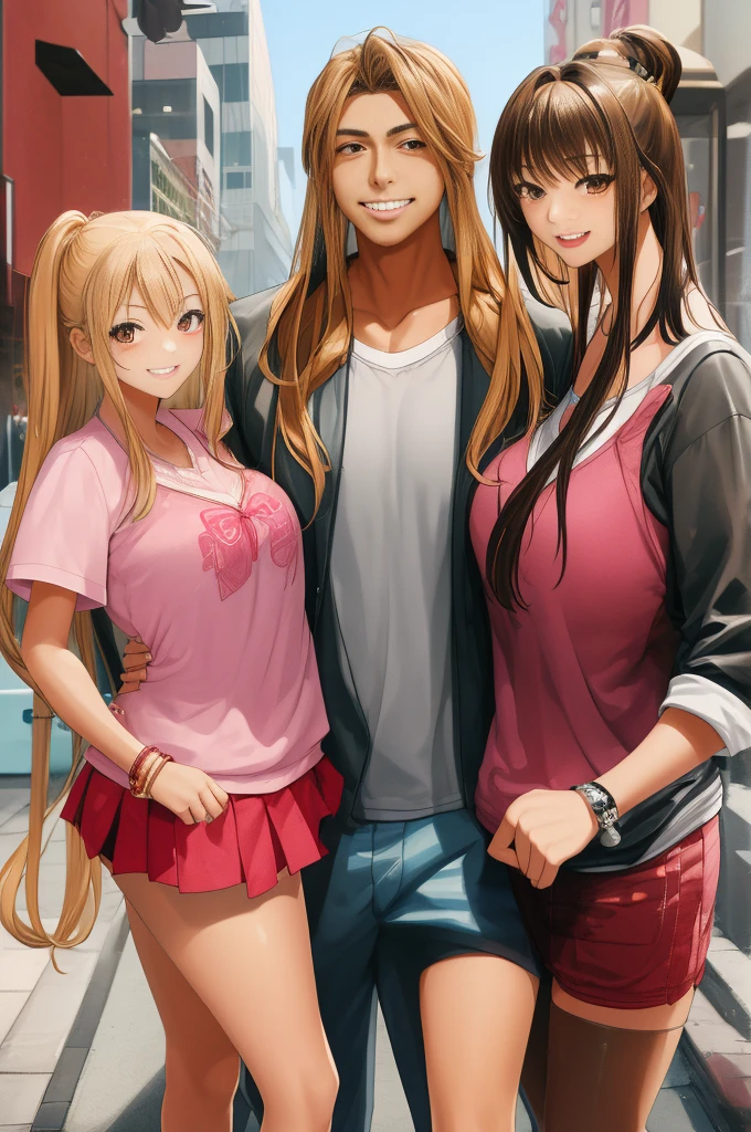 2girl, 1boy,  , gyaru, grin, cheerful,
ffm threesome, group picture, double girls, love triangle,  size difference,