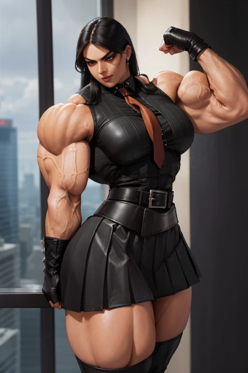 (((Massive tall, beautiful, buff, light brown skinned muscular woman with black hair, black lipstick, ginormous bulky muscles and wearing a beautiful leather unbuttoned blouse with a beautiful black long pleated skirt))), (close view), massive muscles, massive biceps, hyper muscle shoulders, massive muscle arms, vascular shoulders, hyper muscle triceps, (straight long hair), (beautiful unbuttoned leather blouse), orange eyes, studded gauntlets, gloves, choker, (beautiful black long pleated skirt with a belt), shoes with socks, (in a beautiful hallway), closed smile, morning, hyper vascular arm, hyper muscles arms, hyper muscle legs, massive arms