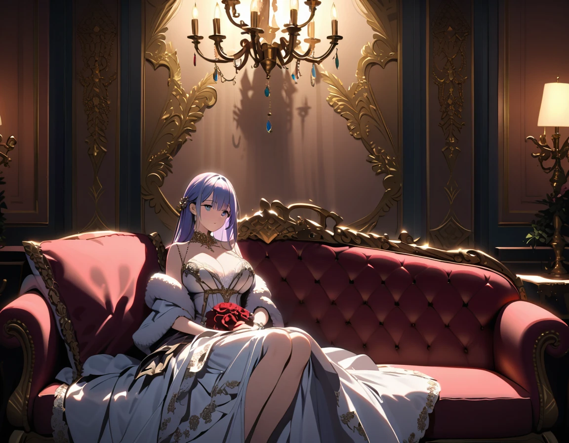(absurd), (panorama), a woman, mature, beautiful, tall, queen's dress, lilac complex, exquisite, hands on the table, lilac hair, silver crown on the head, irritated, serious, in the palace, magical, antiquity, standing
