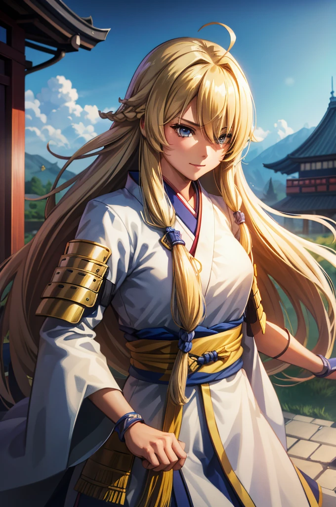 1 girl in armor, Wearing light armor, intence sirious, blonde hair, もみあげ, hair over one eye, long hair,  white kimono, Chinese old castle in the background, cinematic lighting, cowboy shot, close-up, UHD, retina, masterpiece, accurate, anatomically correct, textured skin, super detail, high details, high quality, award winning, best quality, highres