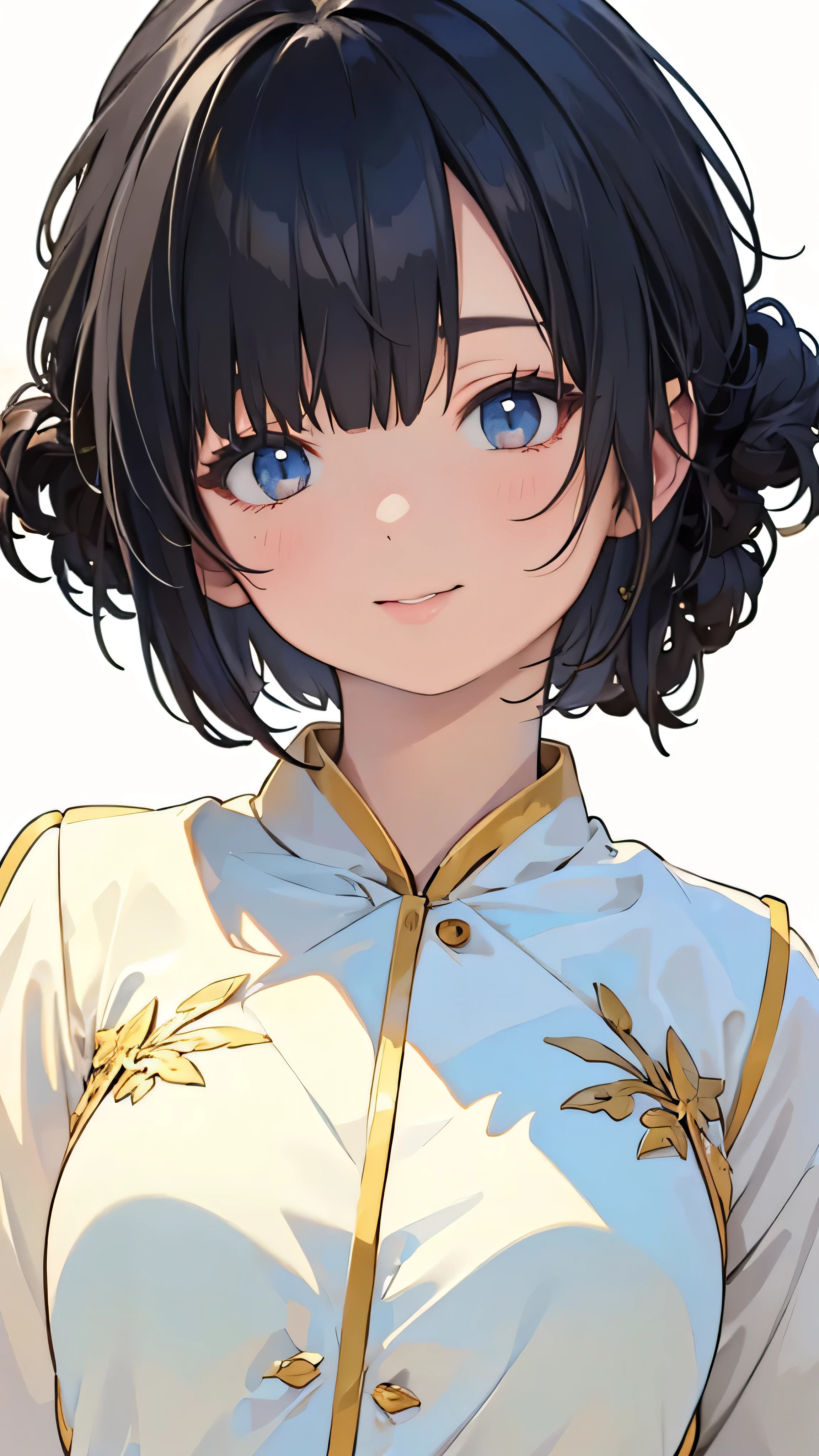 (masterpiece, Best Quality, Official Art:1.2),  one woman, plain background ,  super precise illustrations , highly  Details,  Dynamic Angle, beautiful  Details, 8k, (Best Quality, masterpiece,  high resolution on down,  Details),  anime style , (beautiful details,  beautiful lip detail touching the chest, very detailed eyes and face), smooth brushstrokes, Black Hair, smile,  Dynamic Angle, (( vintage , plain background ),  gorgeous dress 