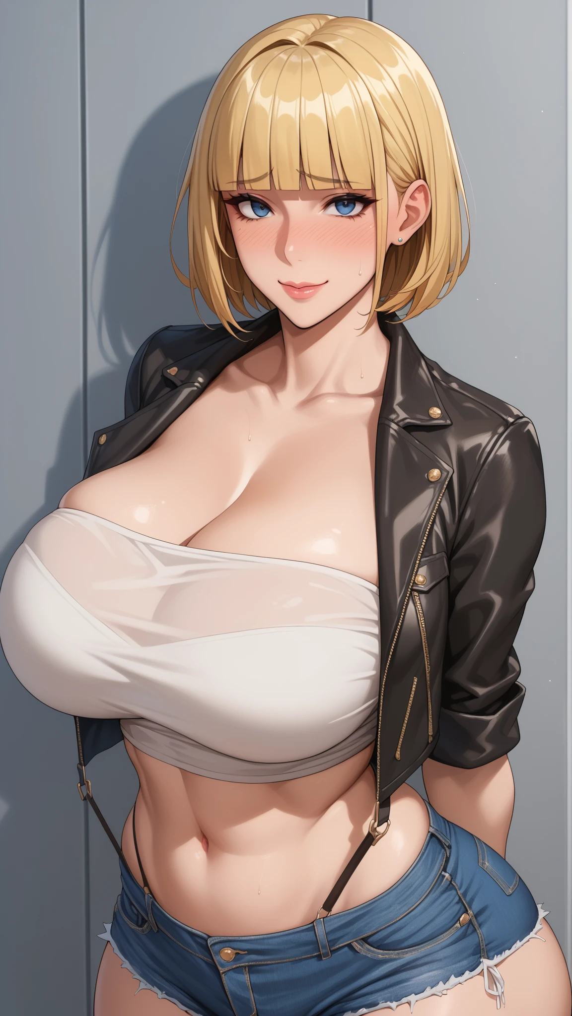 1 girl,blonde hair,bob,bangs,purple eyes,big breasts,big breasts,nsfw,smile,Happy,heavy breathing,trembling,nervous,put your hand on your face,crop top,exposing the chest,choker,noon,In town,speed line