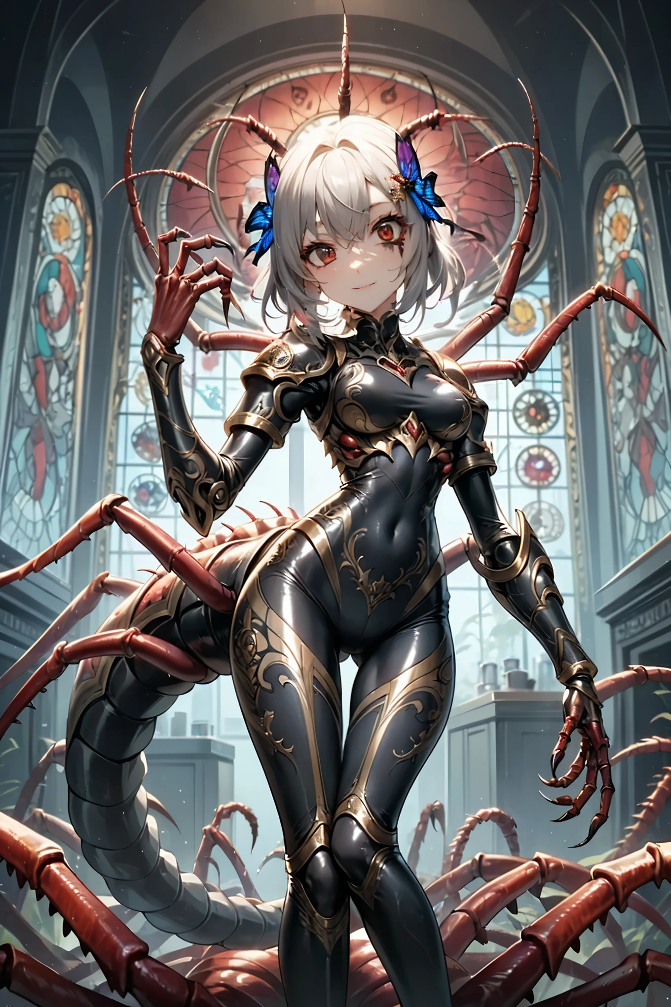 (Girl fused with a centipede). Succubus style. Insect paws. It is based on the motif of a centipede. Metallic. Light armor. breasts perky. Gray hair. Medium hair. High legs. Body tights. Sharp claws. Large tail. Centipede tail. Black Paint Hands. Evil Smile.
