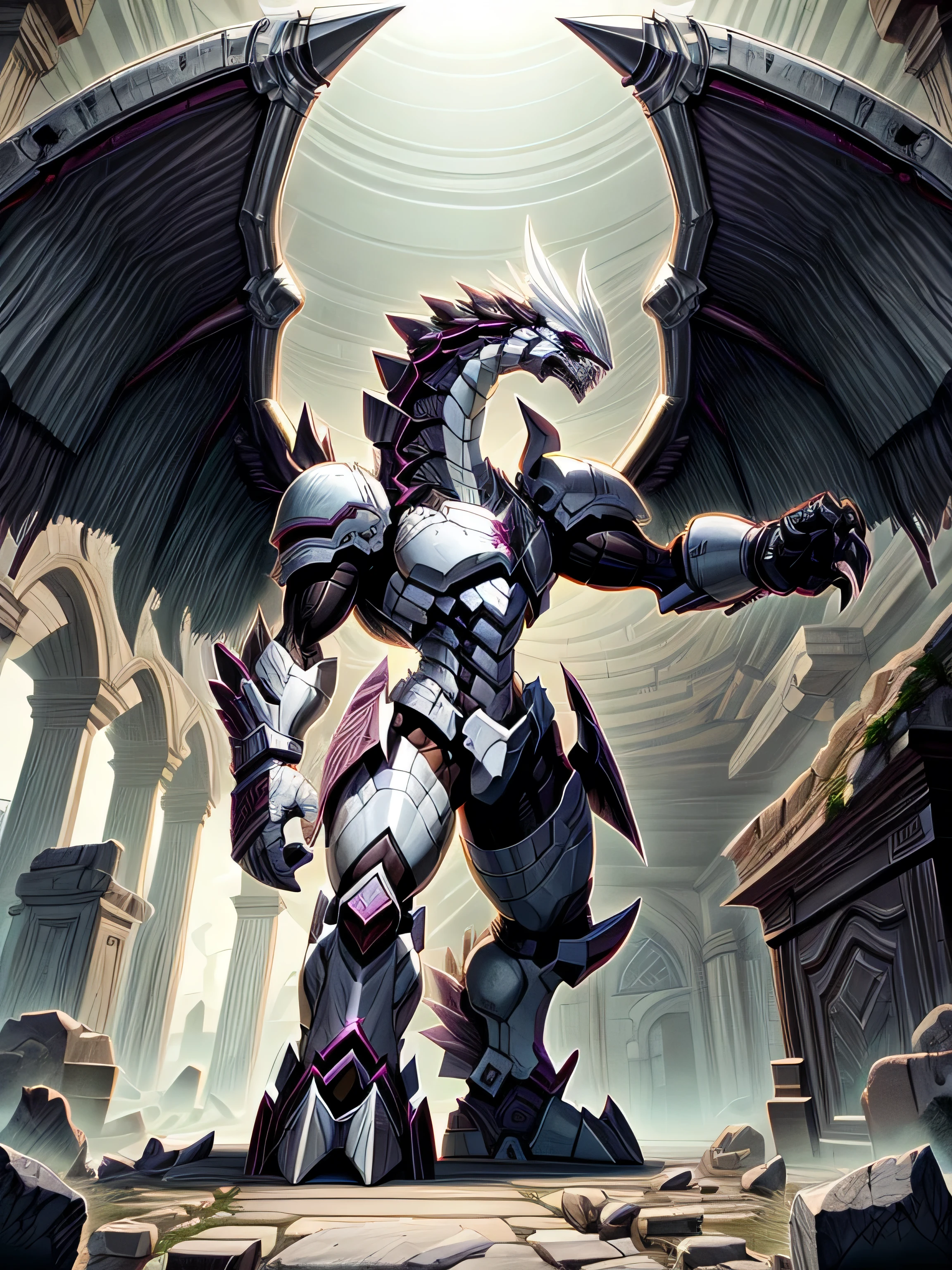 Detailed 8k Behemoth dragon robot with big wings, White (Humanoid body)Inside the ruins 