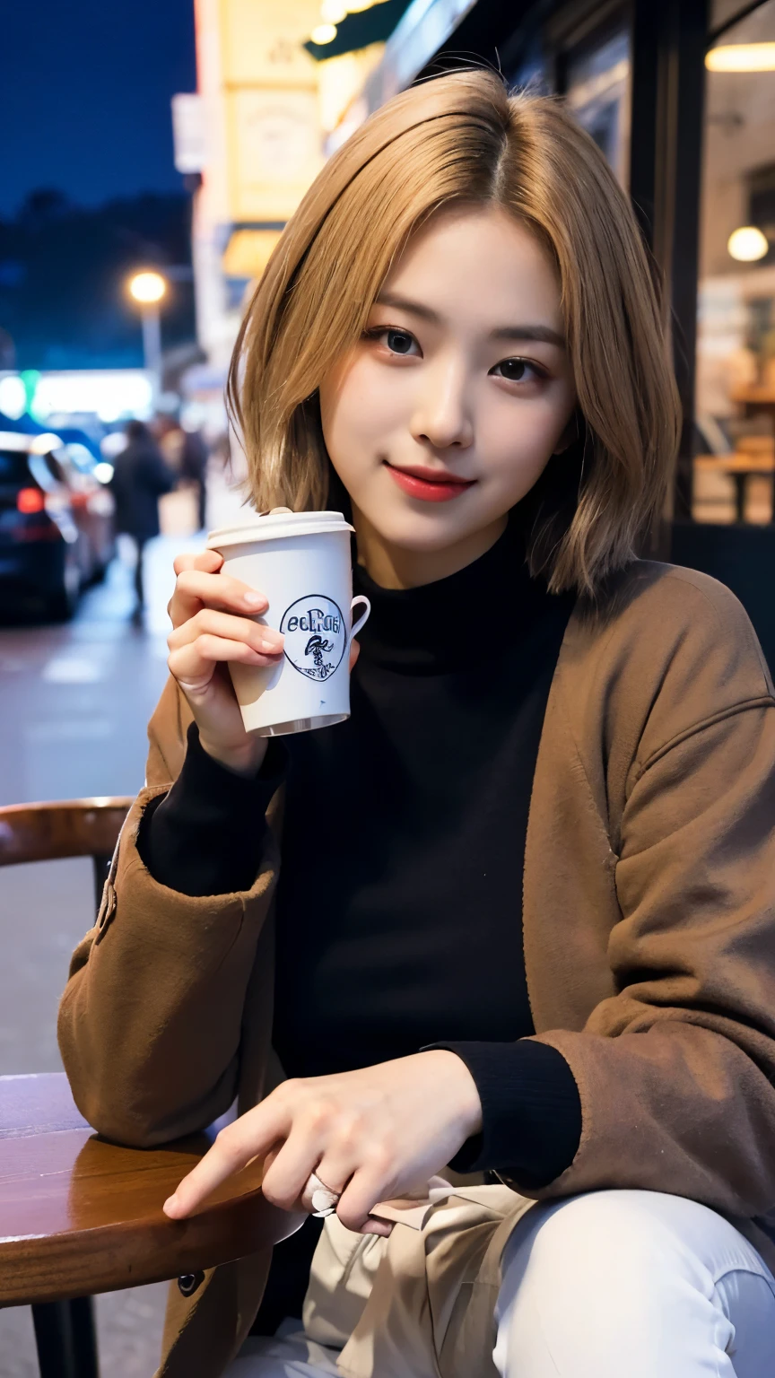 ((Masterpiece, high quality, ultra detail, RAW photo)), 1 girl, young Korean girl, blonde short hair, blue eyes, (very beautiful), wearing black shirt and brown jacket, white pants, lying silk worm, perfect face, perfect eyes, perfect body, holding a cup of coffee, outside the cafe shop, night, ((smile: 0.9)) 