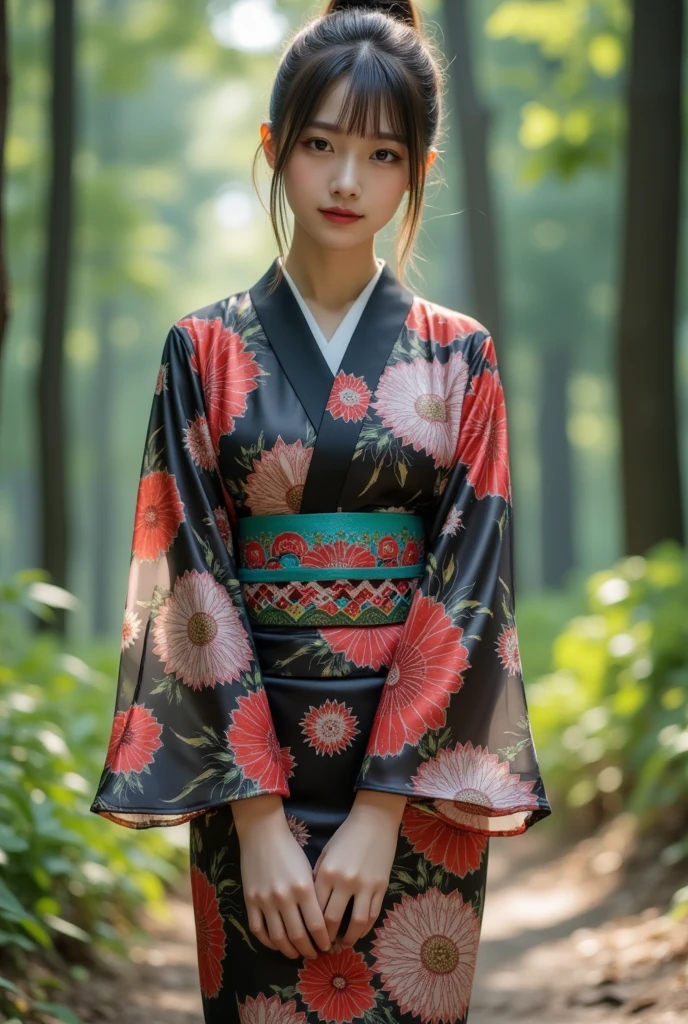 ((Deep in the mysterious forest))、(( colorful kimono )), 1people, (Wearing colorful stage costumes:1.2),  very beautiful Japanese idol , ( RAW Photos,Best Quality), (Genuine,Genuineistic:1.4), ((masterpiece)), ((Horizontal droopy eyes)), ((Beautiful belly button)), ((Beautiful hipline)), ((Beautiful thighs)), ((Blonde)),  high resolution on down,  soft light, Beautiful and sophisticated nose,  beautiful eyes,  Movie Lighting, ( Upscaled Images :1.3), (Bob), Slender body,  small breasts, smile, ((Transparent black yukata)), ((Early morning sunlight filtering through the trees)), ((Hair tied up)), １people、日本people女性、美しい日本people女性、 super detailed faces on a mountain road at night,、魅惑的なsmile、 cute、 white skin、Fair skinの美しい肌、 Teal Eyelids、Beautiful symmetrical face、Small face、23 years old、Beautiful black hair、 Beautiful small breasts、Genuineのpeople間の皮膚、Perfect figure、Perfect anatomy、whole body写真、詳細かつリアルなpeople体、Detailed and realistic skin、Highly detailed realistic face、Detailed and realistic eyes、Detailed and realistic lips、Detailed and realistic teeth、Detailed and realistic ears、Detailed and realistic hair、 beautiful hands、Highly detailed realistic legs、Realistic breasts down to the last detail、Realistic areola down to the last detail、Realistic nipples down to the last detail、Realistic female genitalia down to the smallest detail、Realistic vagina down to the last detail、Detailed and realistic clitoris、Realistic anus down to the last detail、細部までリアルなThick pubic hair、whole body、whole body白肌、Fair skin、Pubic hair is thick、Thick pubic hair、 Completely naked、urination、 feel good expression 、Blushing cheeks and an ecstatic expression, Leaking urine、 anus on a leather sofa、｛In the mysterious forest｝,｛Surrounded by plants｝