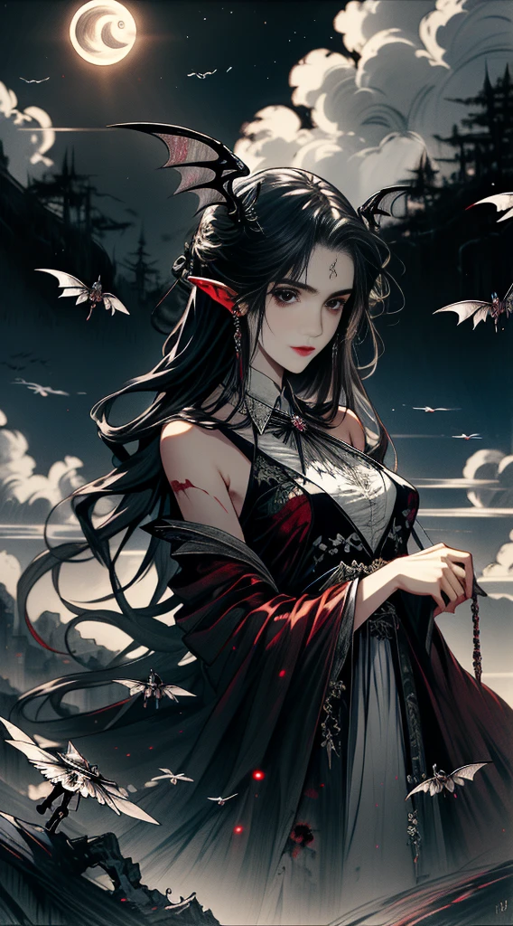 （（ best quality））， （（masterpiece））， （ Details）， 1 Vampire， Seductive Succubus ， （（ Bloody Face ）），（（ There is blood on the body））， Blood splatter， celestial beauty，  perched above clouds， （ fantasy illustration：1.3），  captivating gaze ， Seductive posture， Delicate Wings， otherworldly charm ， Mystical Sky， （Luis Royo：1.2）， （Yoshitaka Amano：1.1），  moonlight night ，  Pastel Colors ， （ Detailsな雲景色：1.3）， （ high resolution on down：1.2）