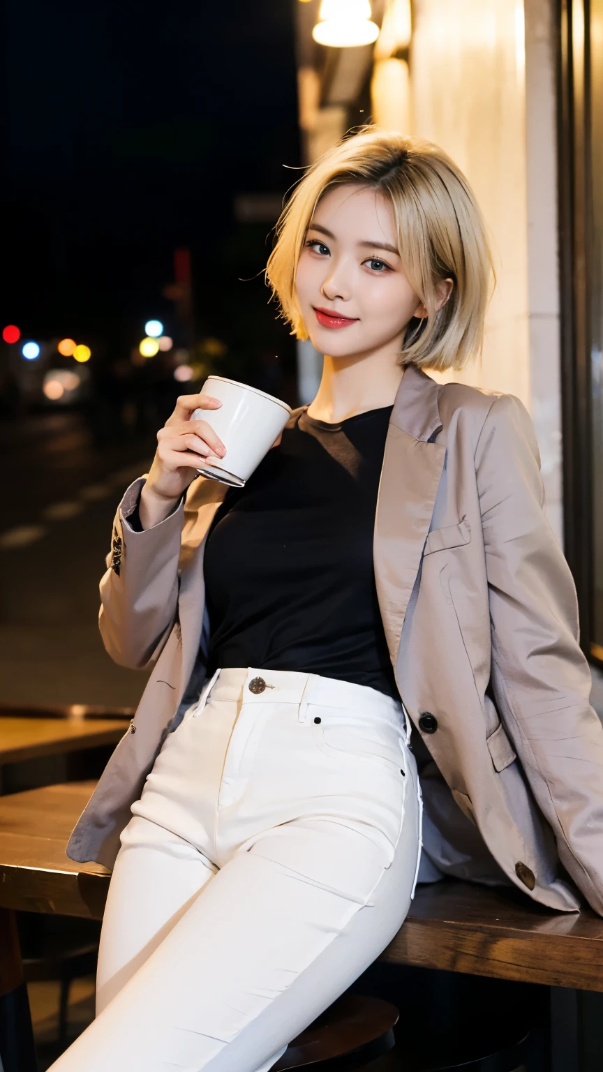 ((Masterpiece, high quality, ultra detail, RAW photo)), 1 girl, young Korean girl, blonde short hair, blue eyes, (very beautiful), wearing black shirt and brown jacket, white pants, lying silk worm, perfect face, perfect eyes, perfect body, holding a cup of coffee, outside the cafe shop, night, ((smile: 0.9)) 